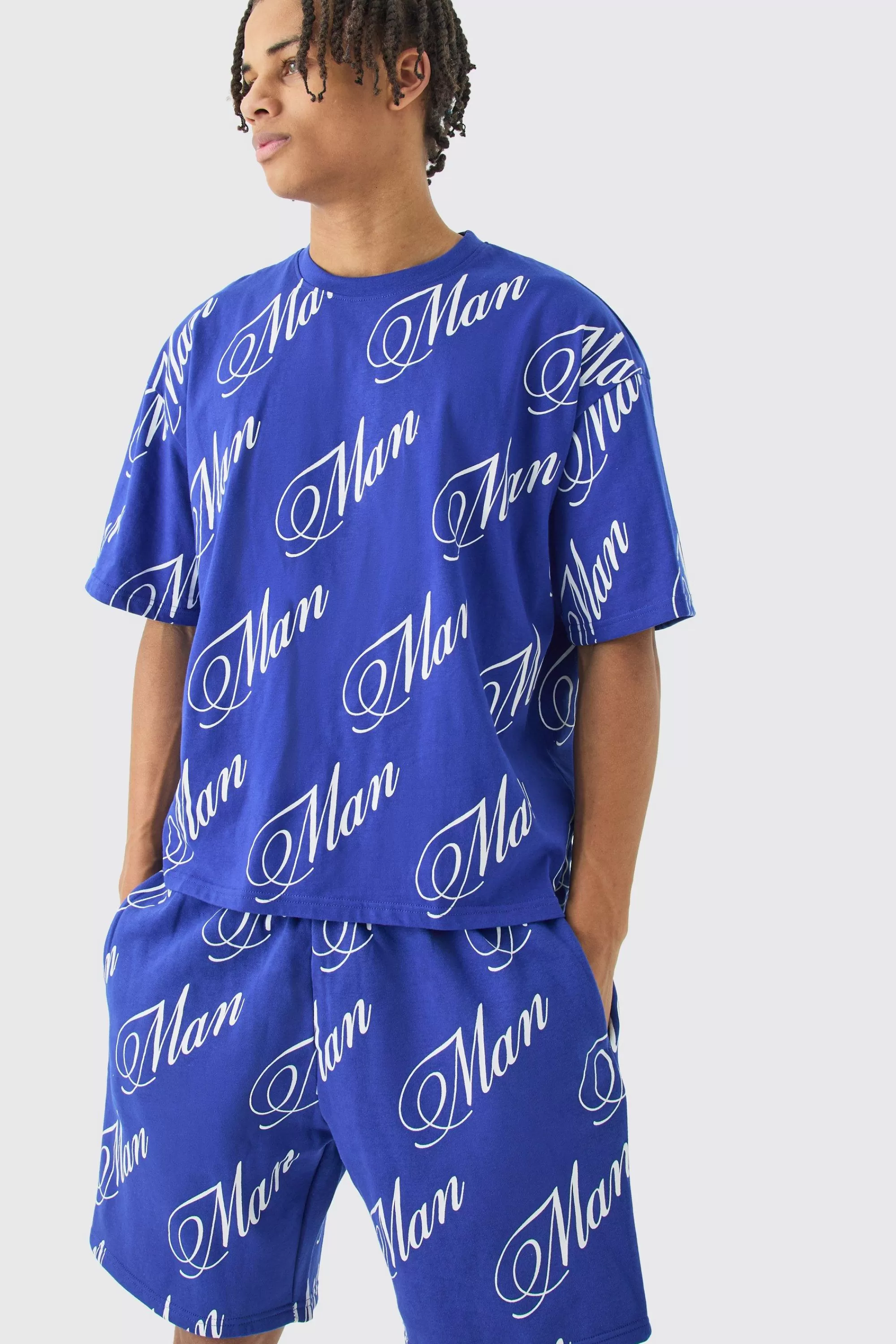 boohooMAN Limited Edition Script All Over Print Boxy Short Set | UK