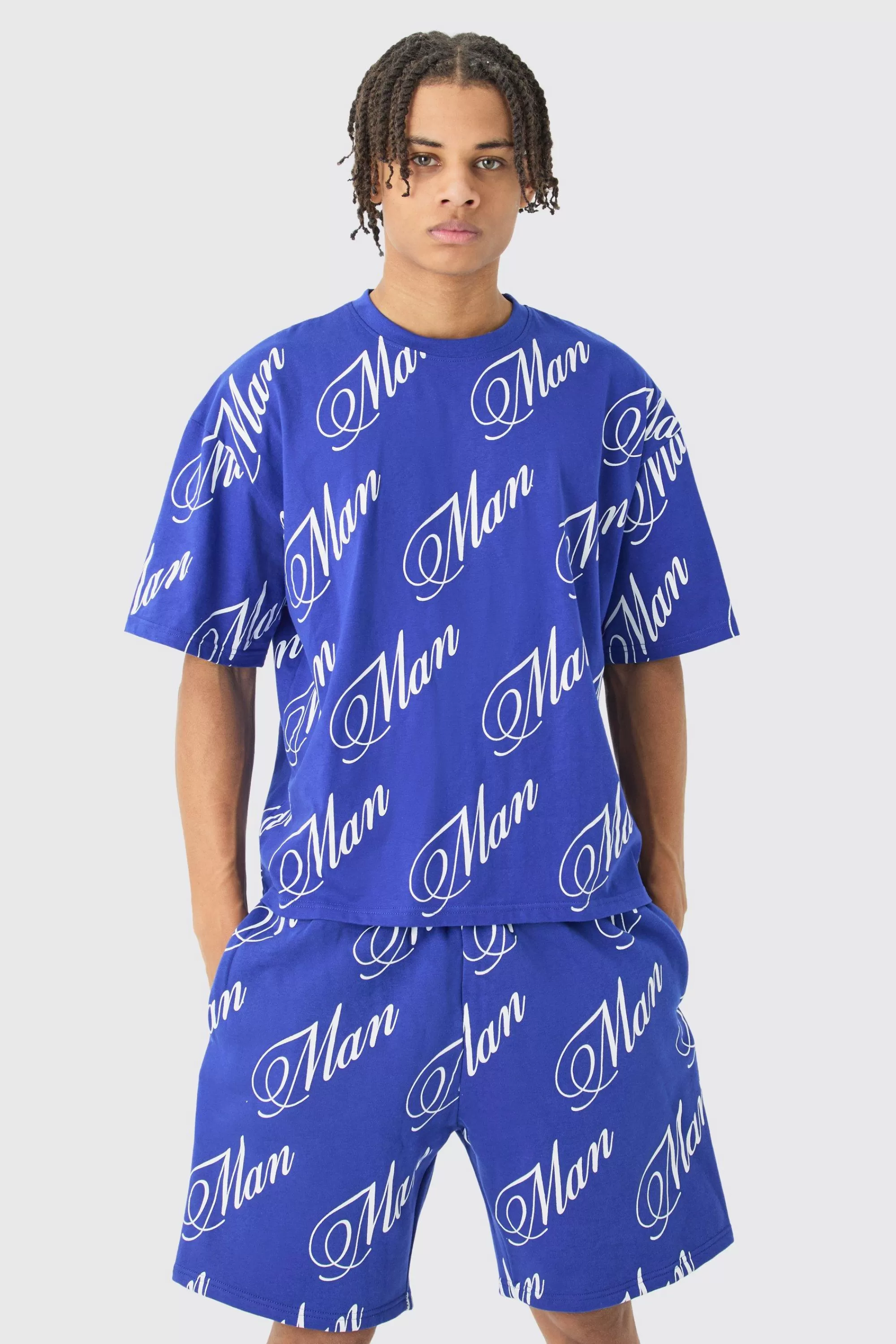 boohooMAN Limited Edition Script All Over Print Boxy Short Set | UK