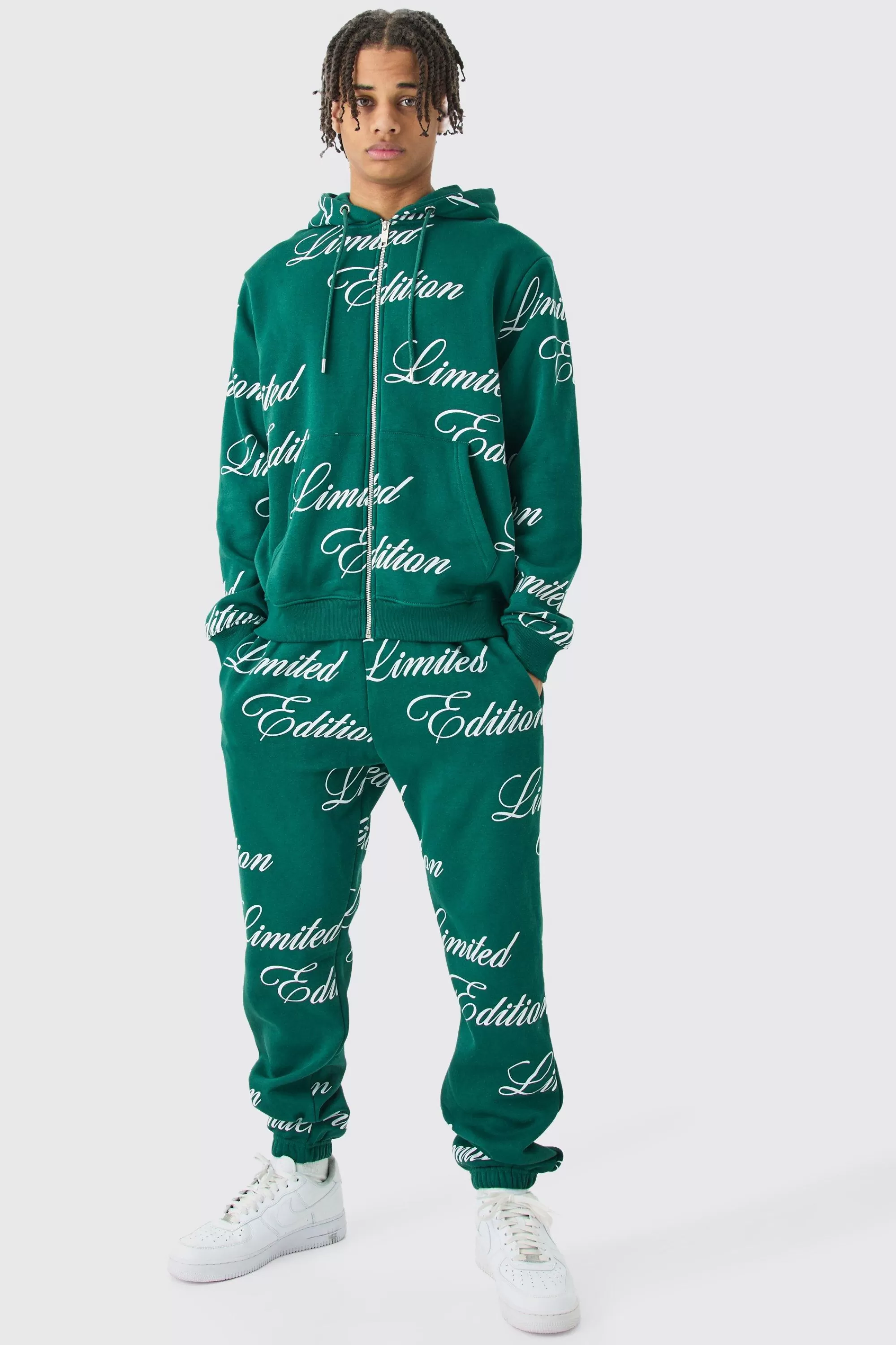 boohooMAN Limited Edition Script All Over Print Zip Hooded Tracksuit | UK