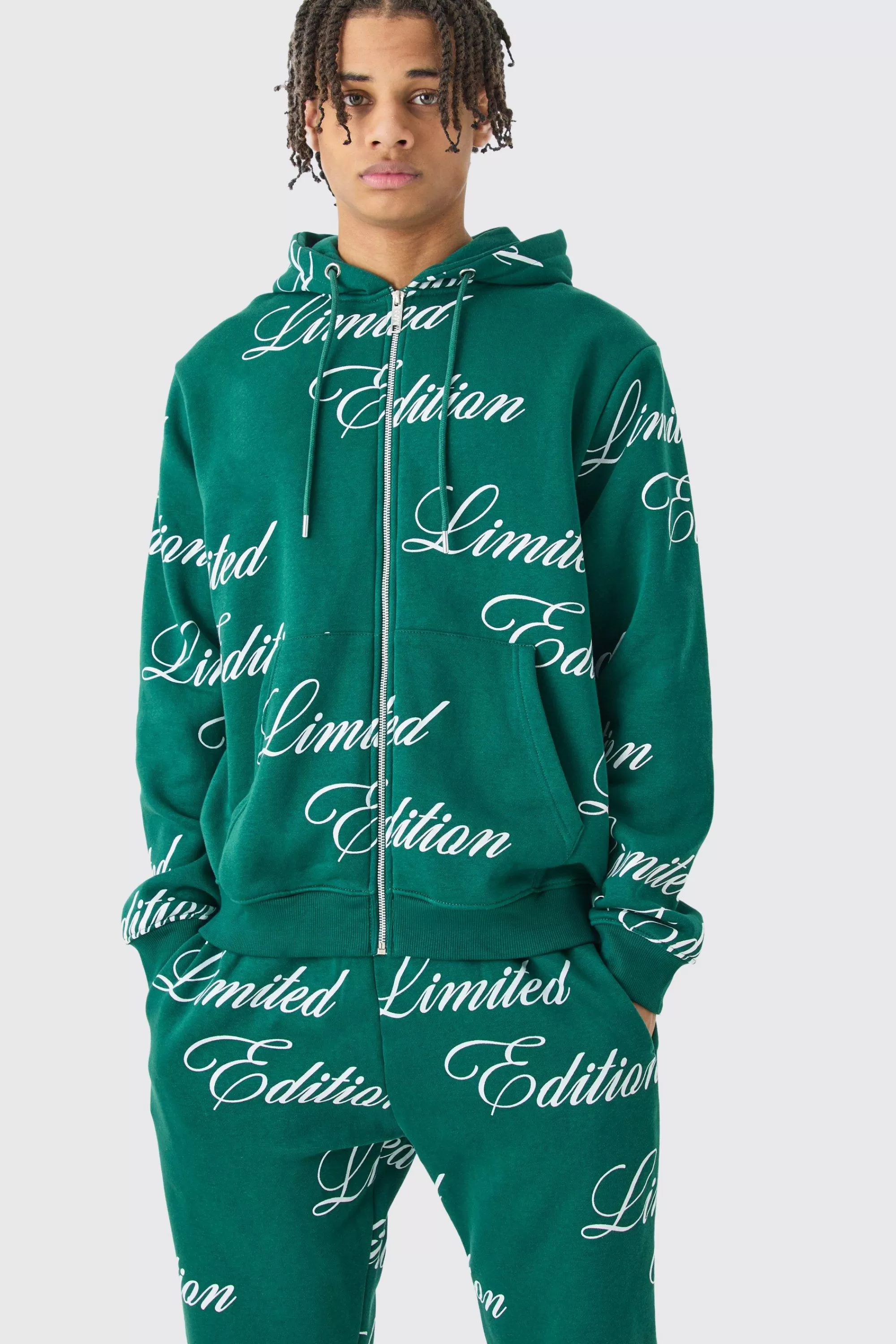 boohooMAN Limited Edition Script All Over Print Zip Hooded Tracksuit | UK