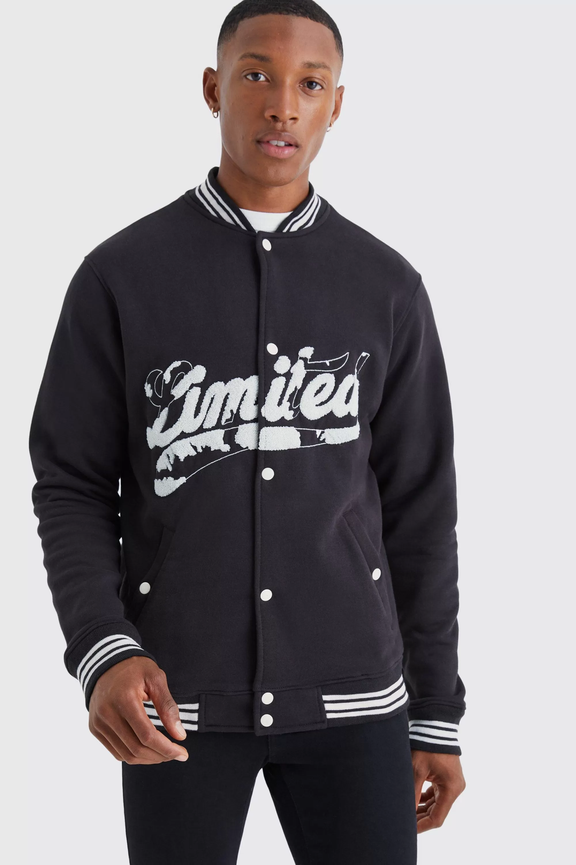 boohooMAN Limited Towelling Applique Jersey Bomber | UK