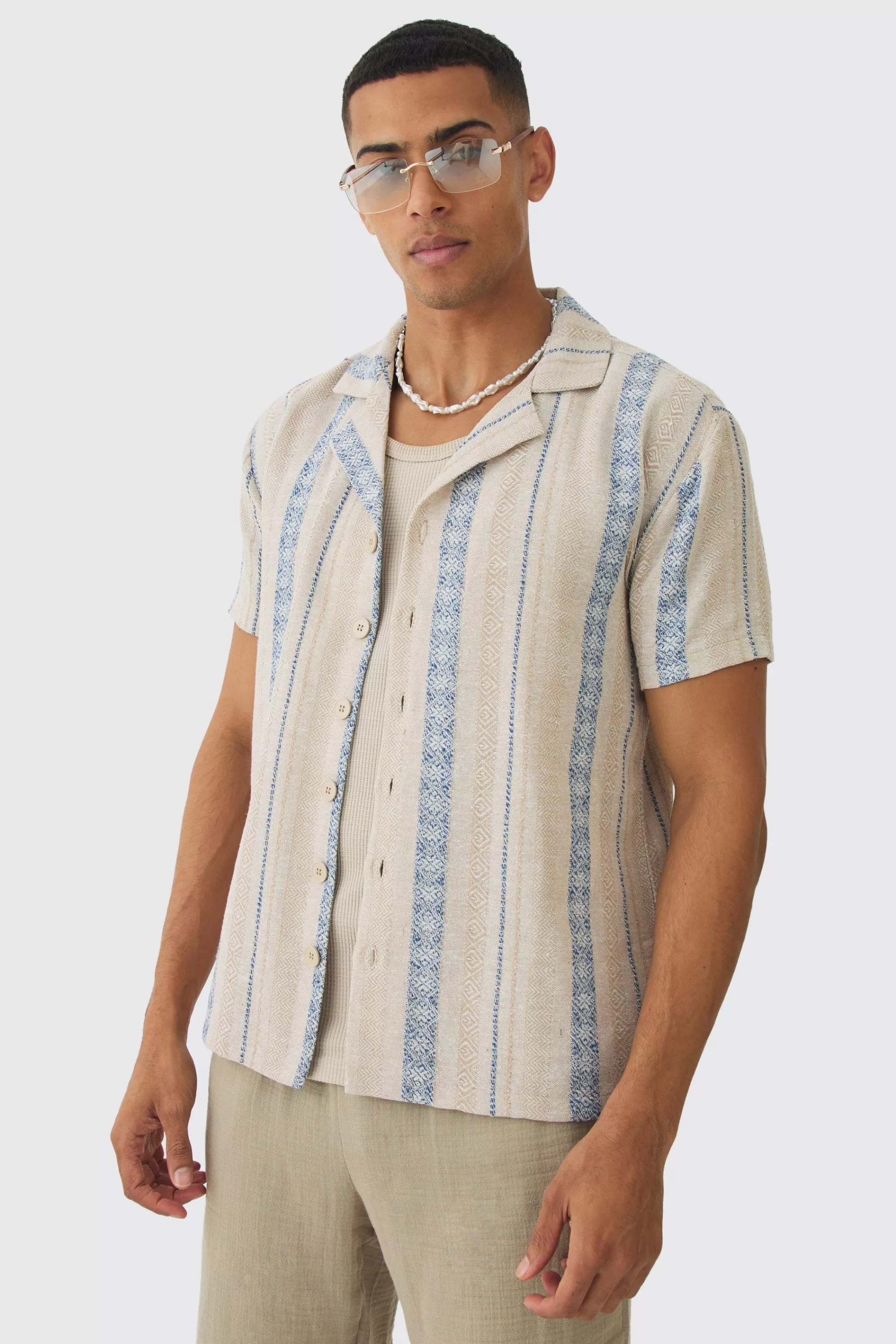 boohooMAN Linen Look Revere Stripe Shirt | UK