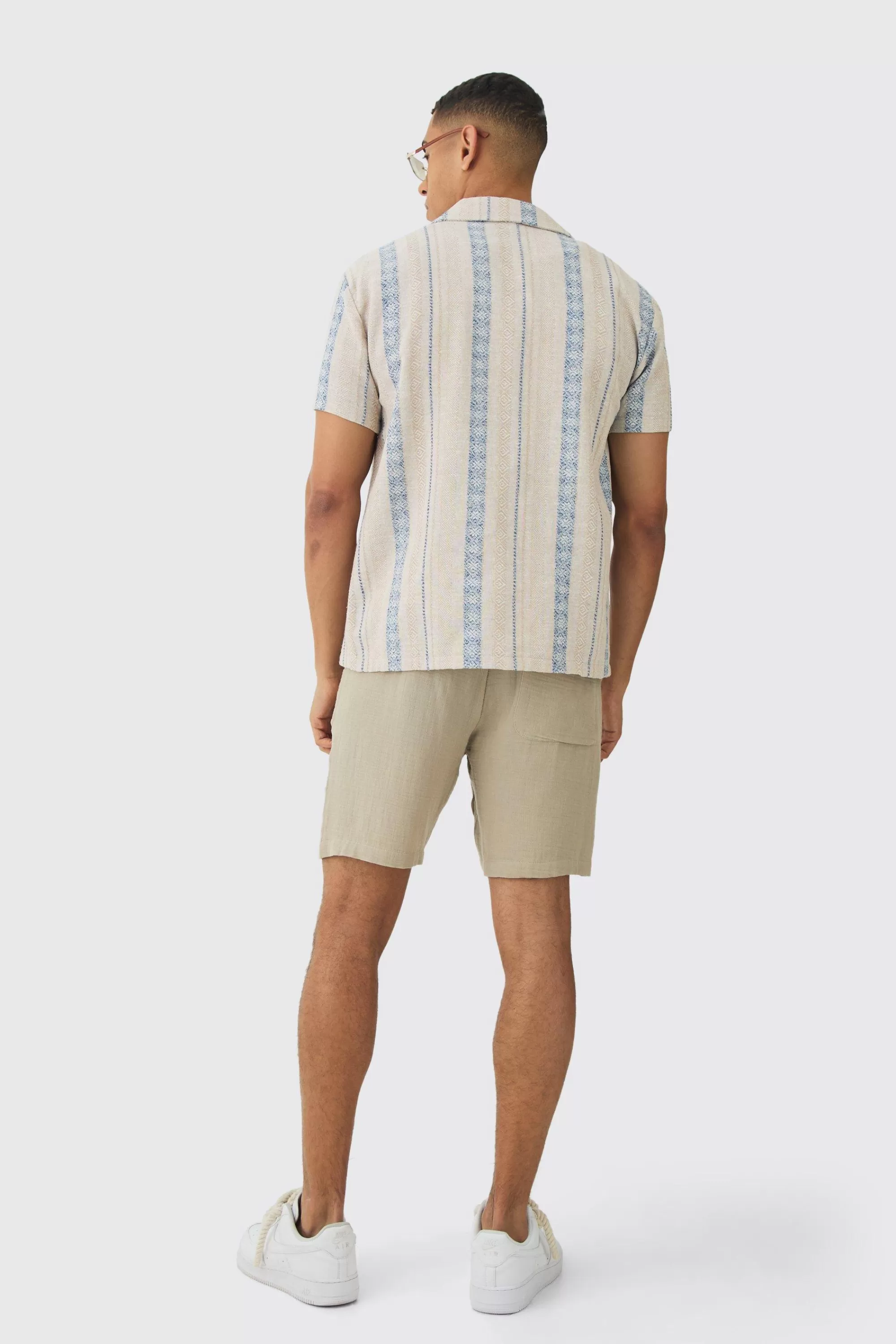boohooMAN Linen Look Revere Stripe Shirt | UK