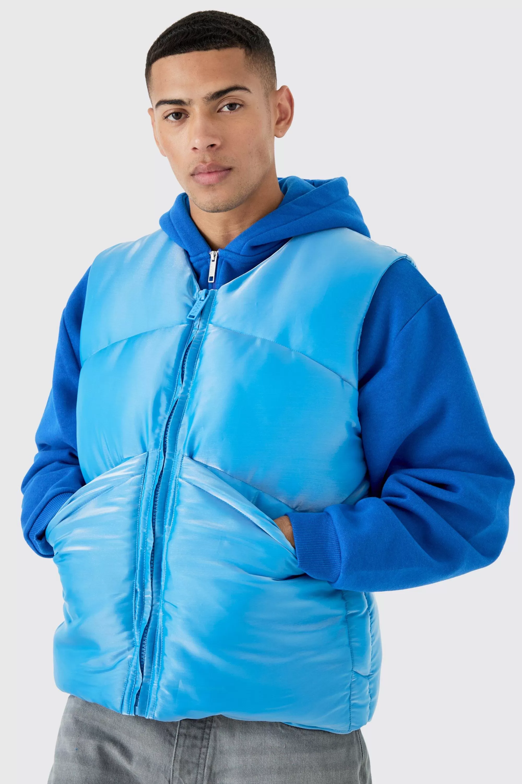 boohooMAN Liquid Metallic Nylon Padded Gilet | UK