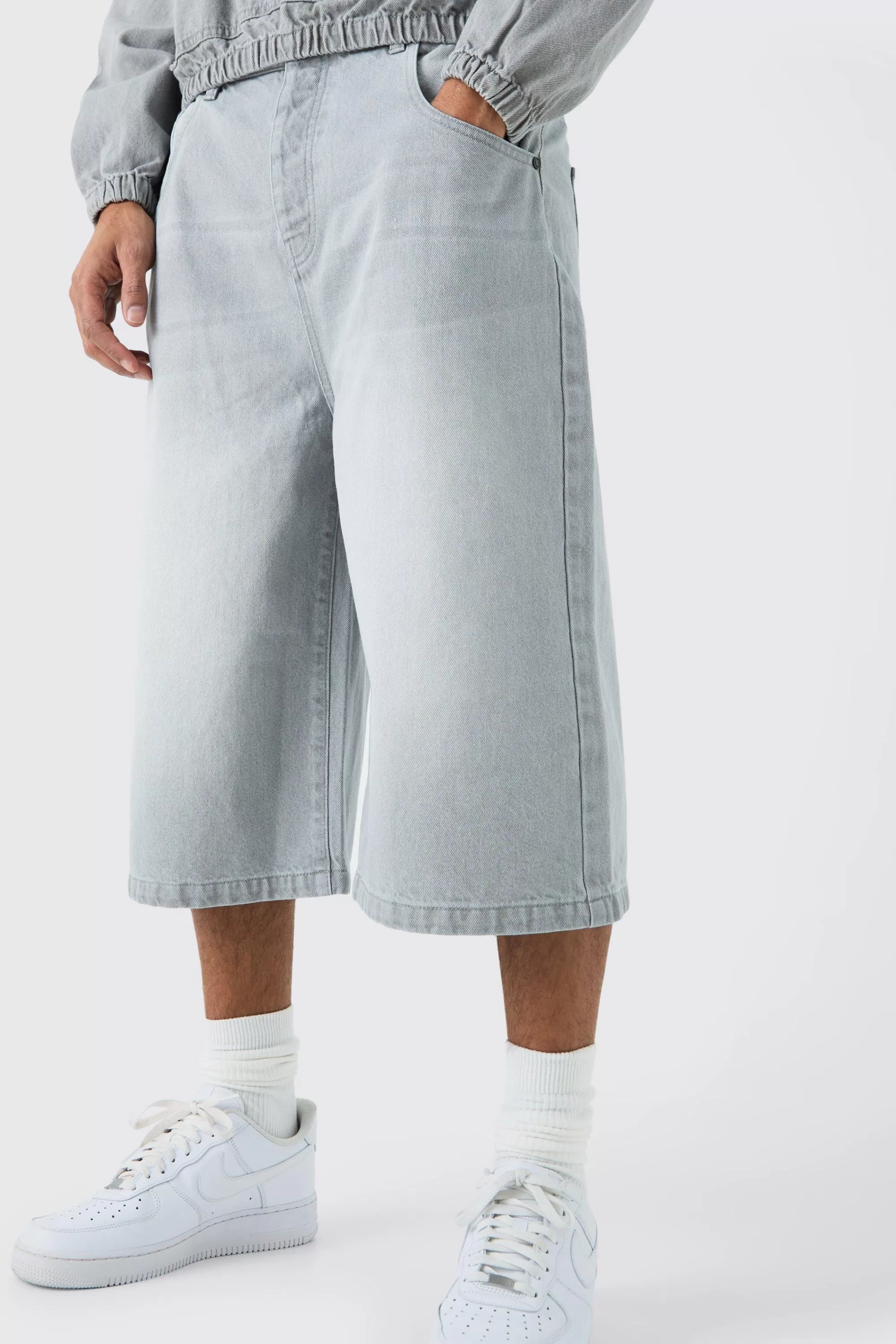 boohooMAN Long Line Denim Jorts In Grey Wash | UK