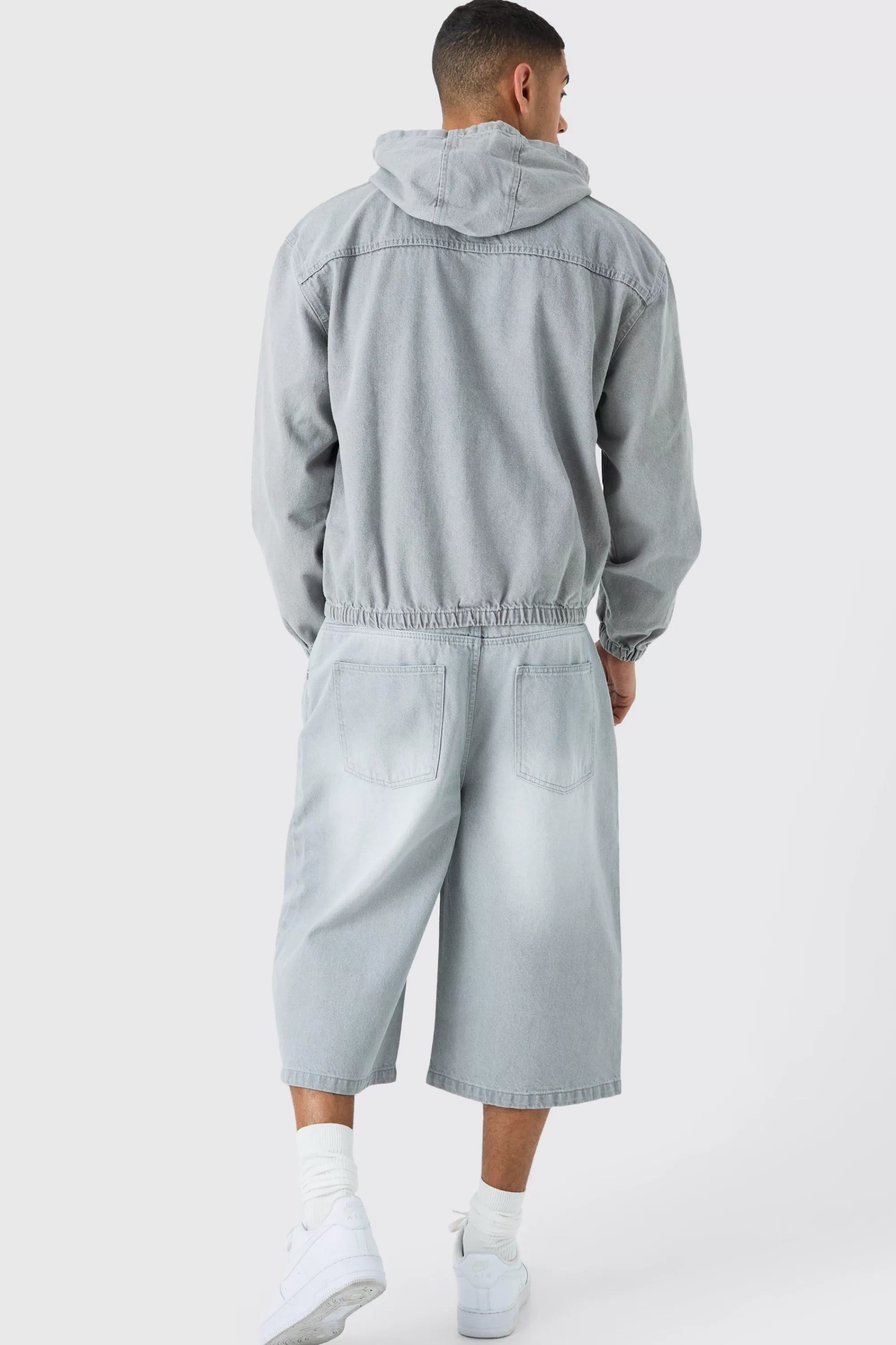 boohooMAN Long Line Denim Jorts In Grey Wash | UK
