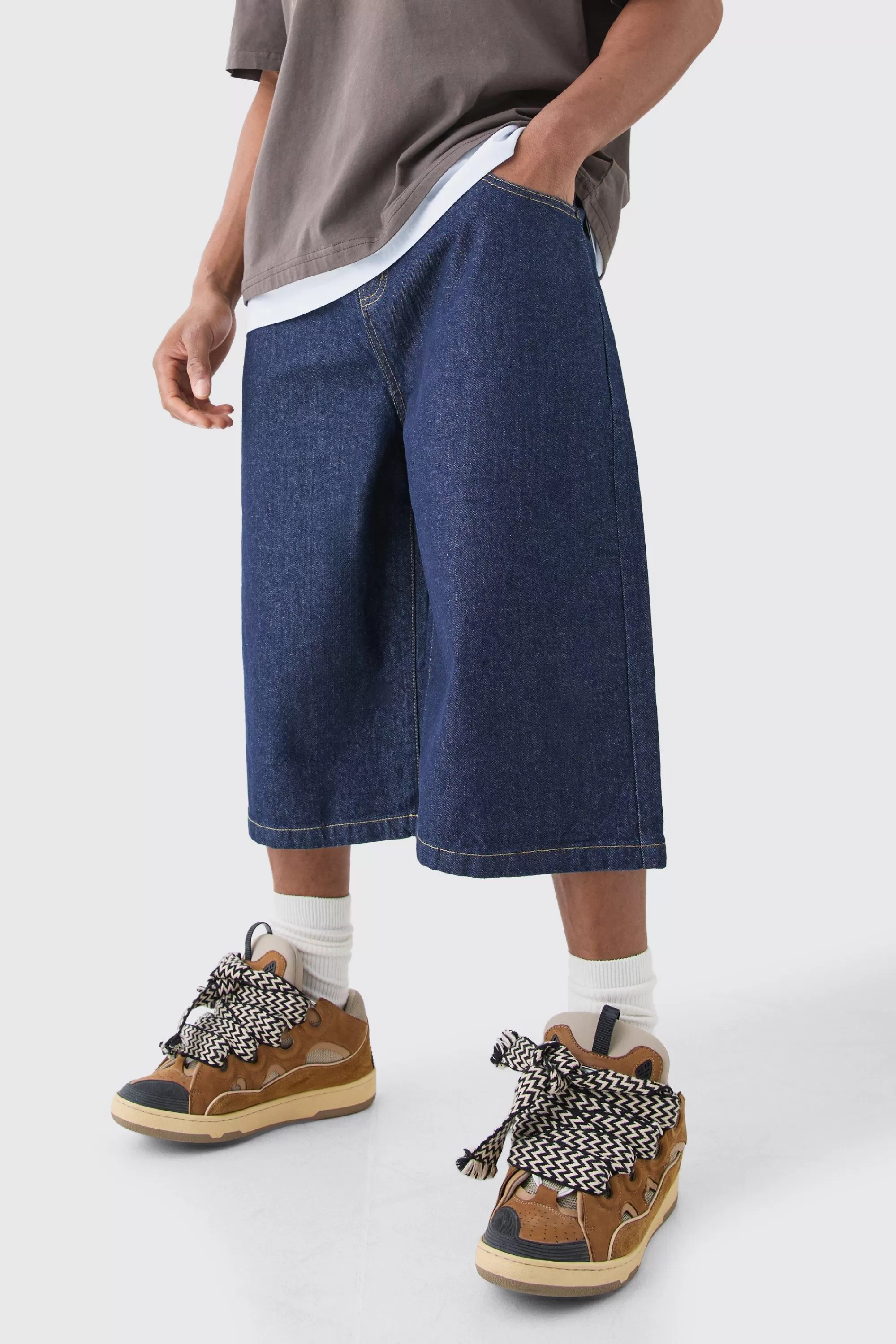 boohooMAN Long Line Denim Jorts In | UK