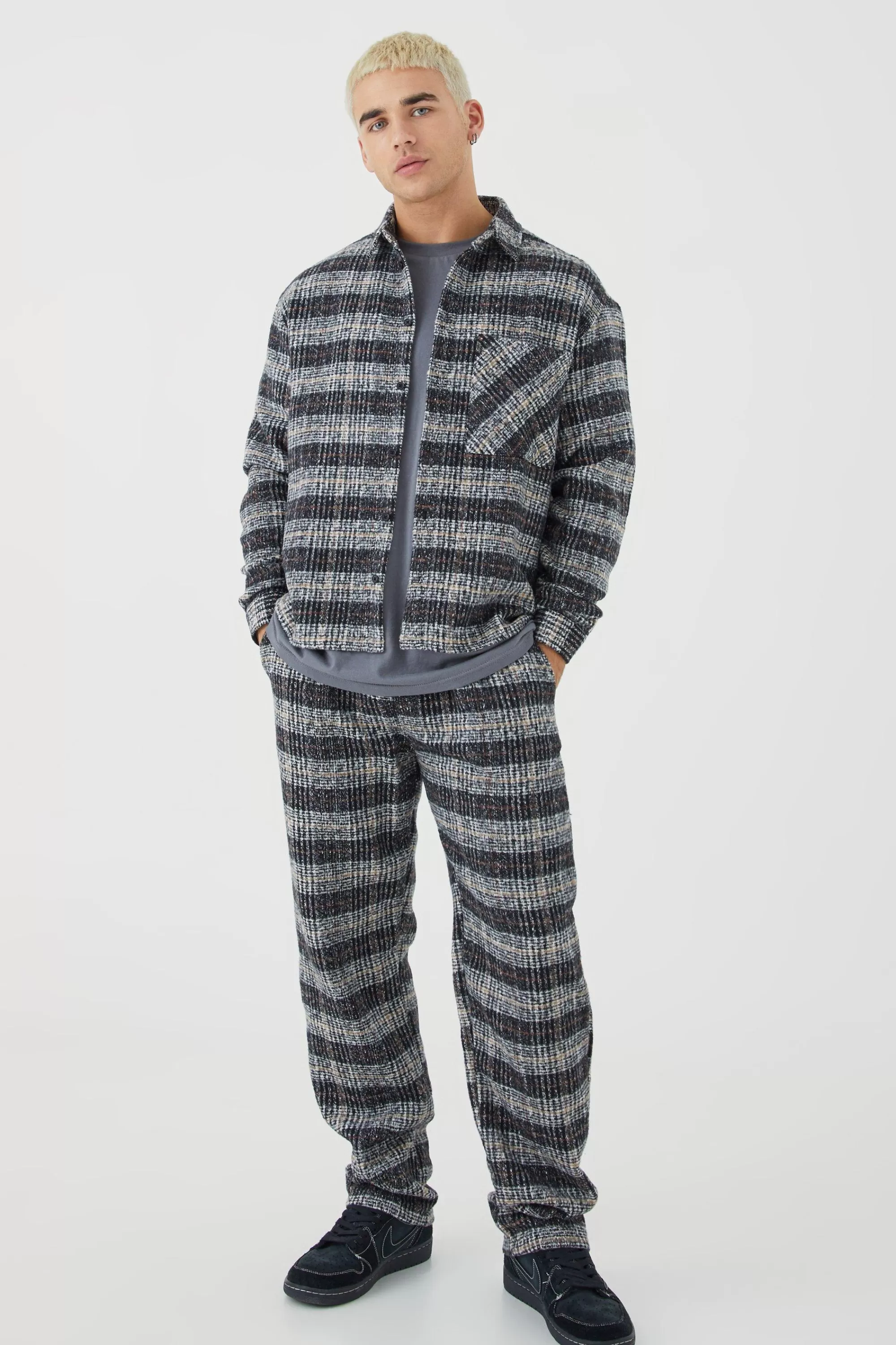 boohooMAN Long Sleeve Boxy Brushed Shirt & Straight Leg Trouser | UK