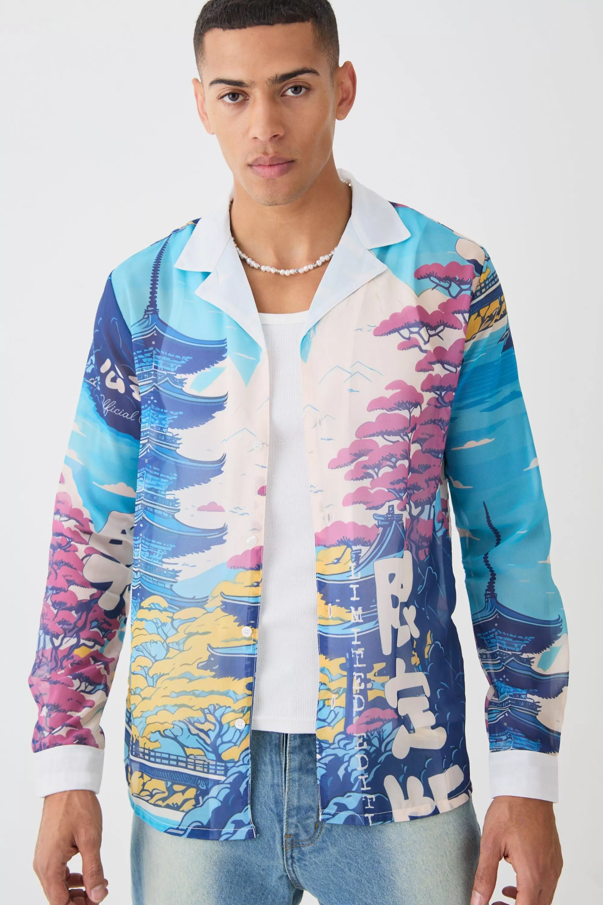 boohooMAN Long Sleeve Landscape Sheer Shirt | UK