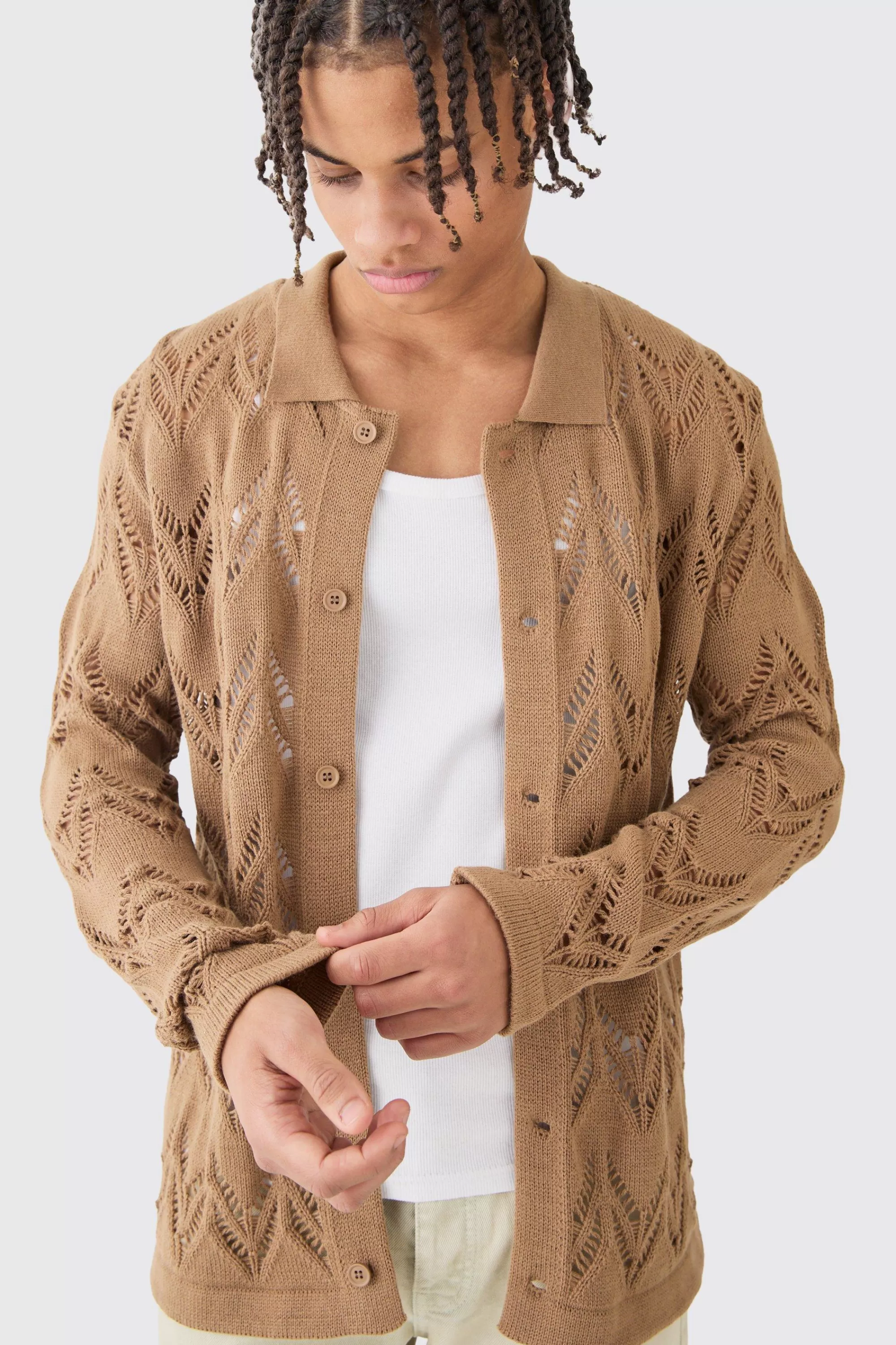 boohooMAN Long Sleeve Open Knit Shirt In | UK