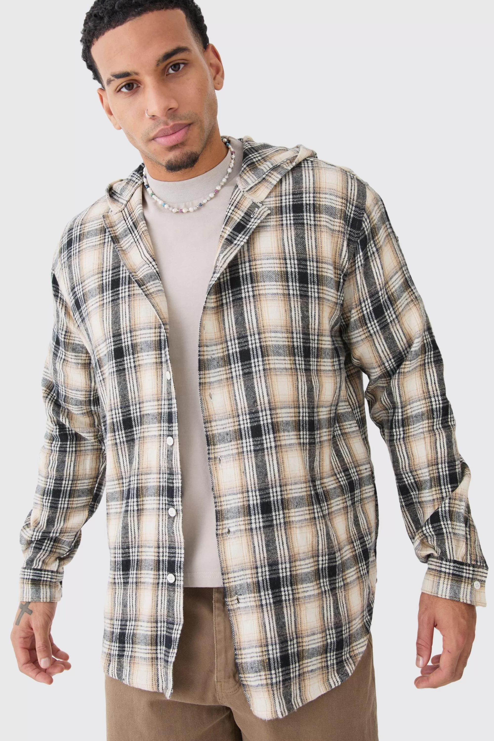 boohooMAN Long Sleeve Oversized Hooded Button Through Check Shirt | UK