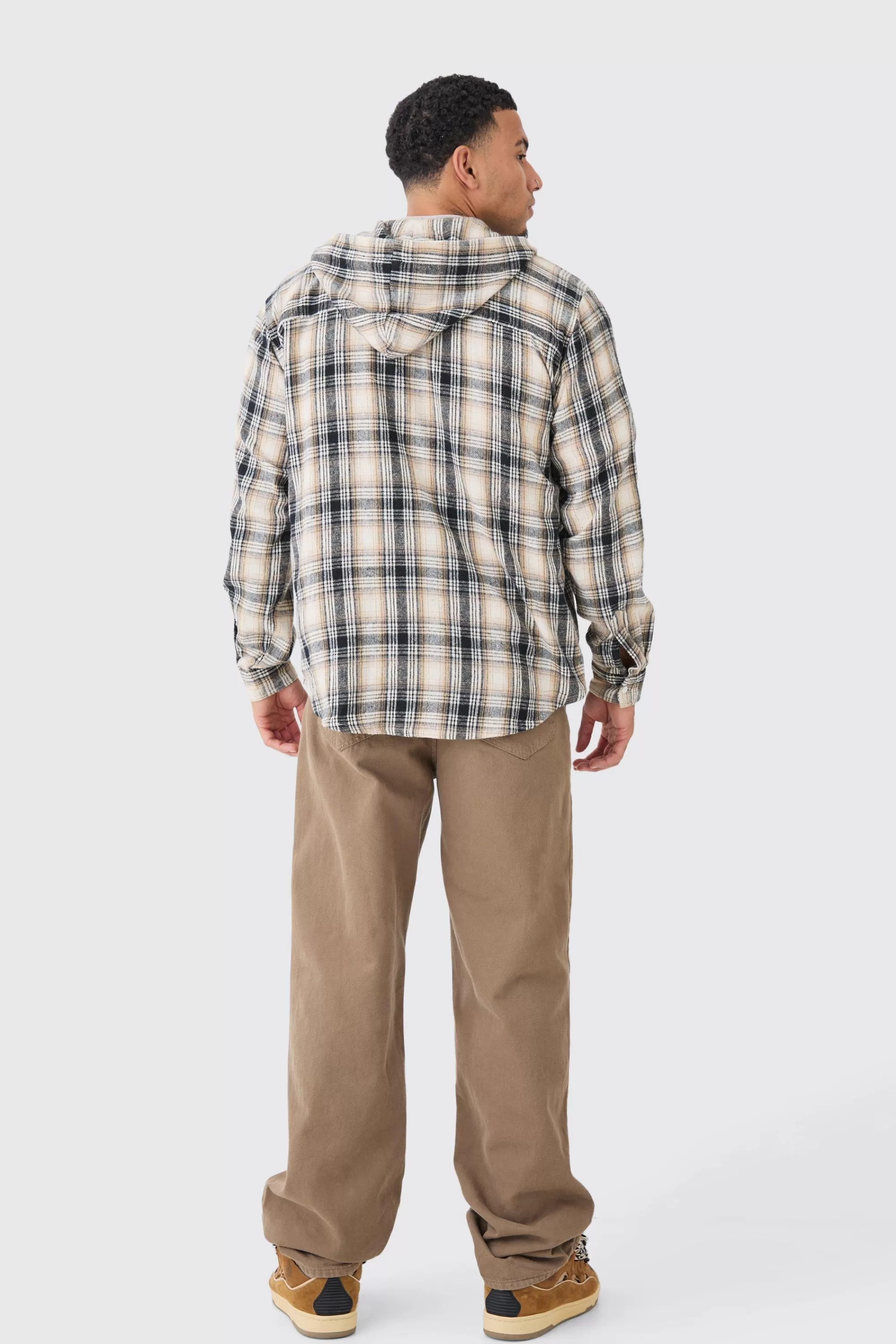 boohooMAN Long Sleeve Oversized Hooded Button Through Check Shirt | UK