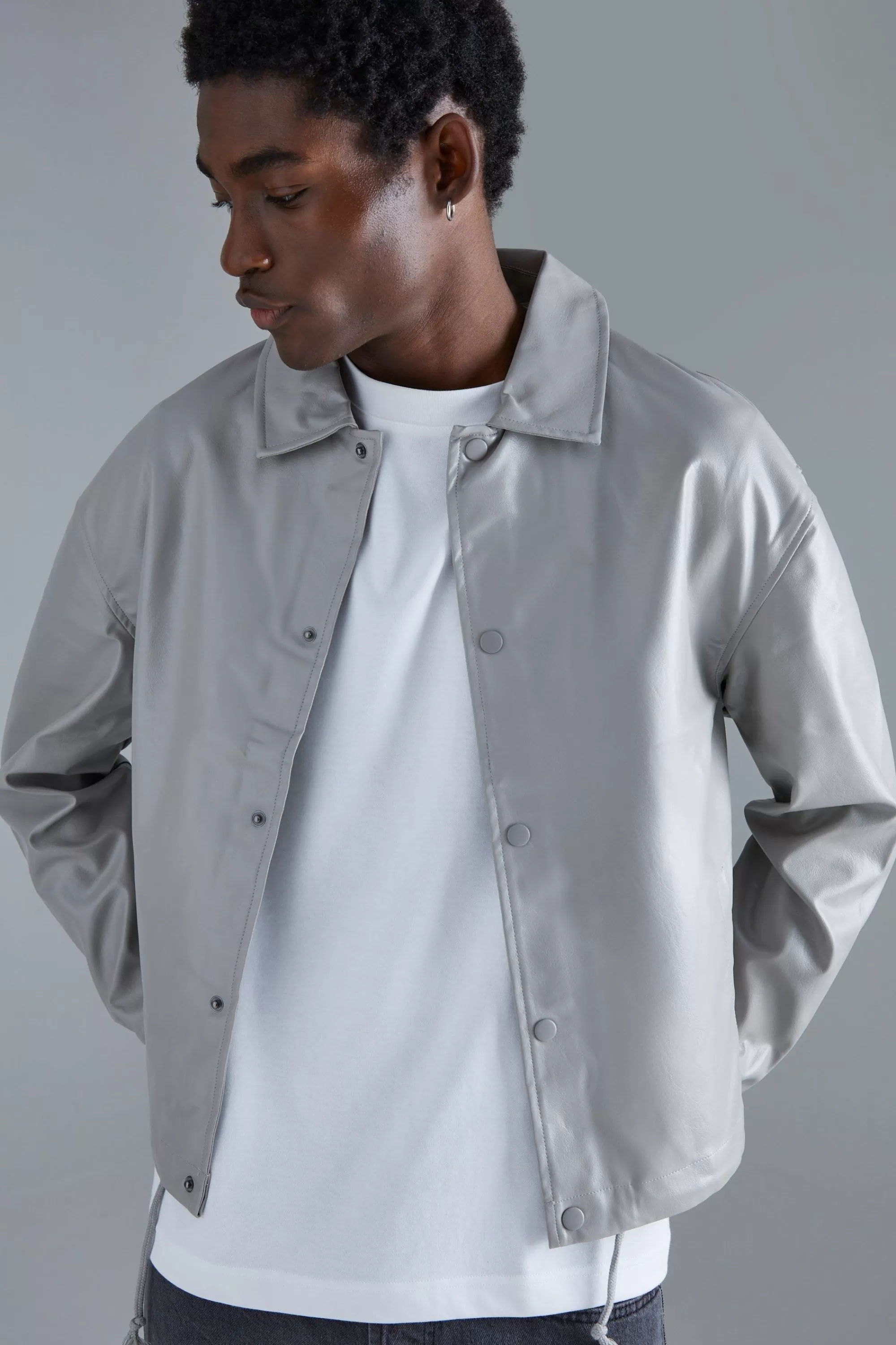 boohooMAN Long Sleeve Pu Boxy Popper Cord Overshirt | UK