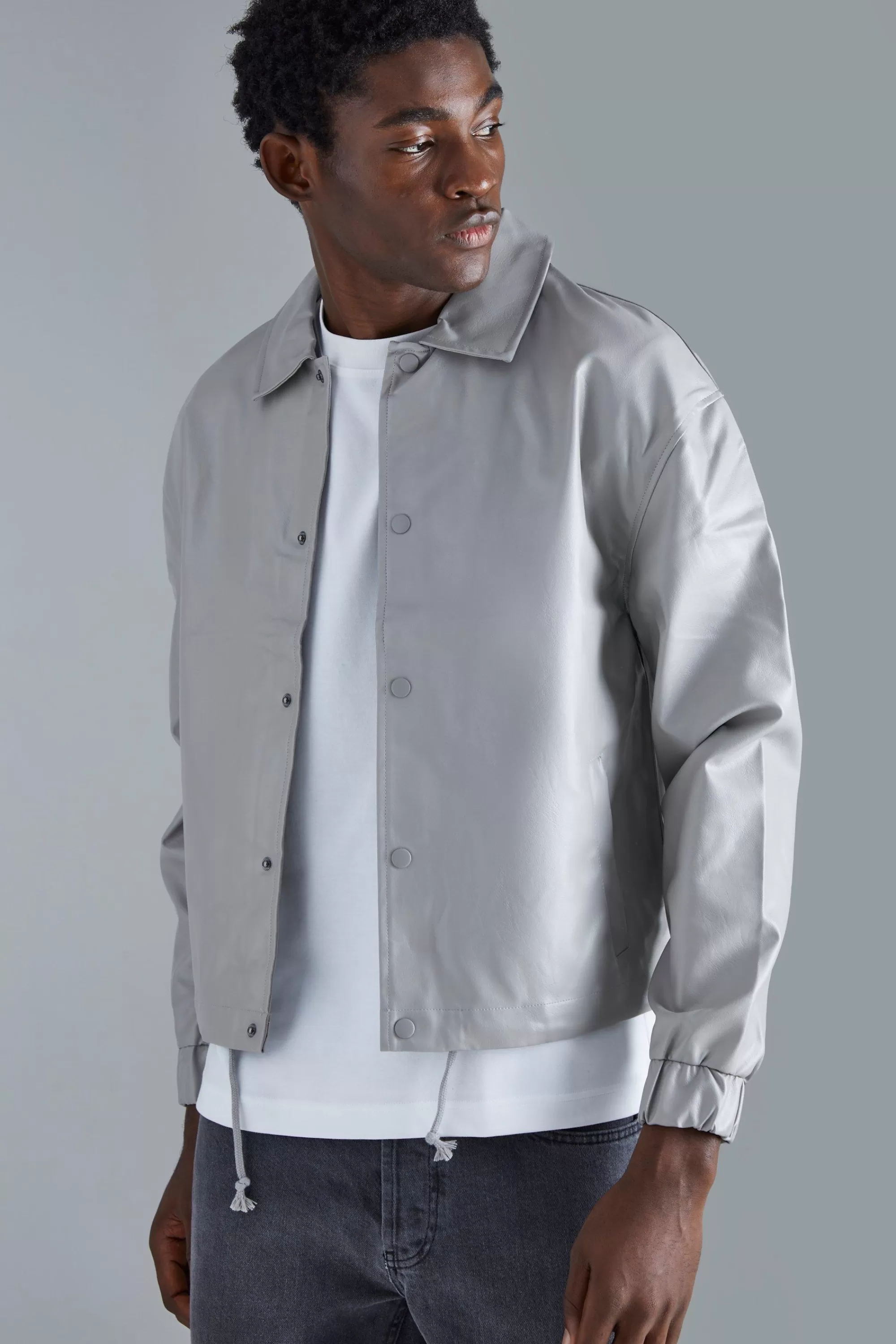 boohooMAN Long Sleeve Pu Boxy Popper Cord Overshirt | UK