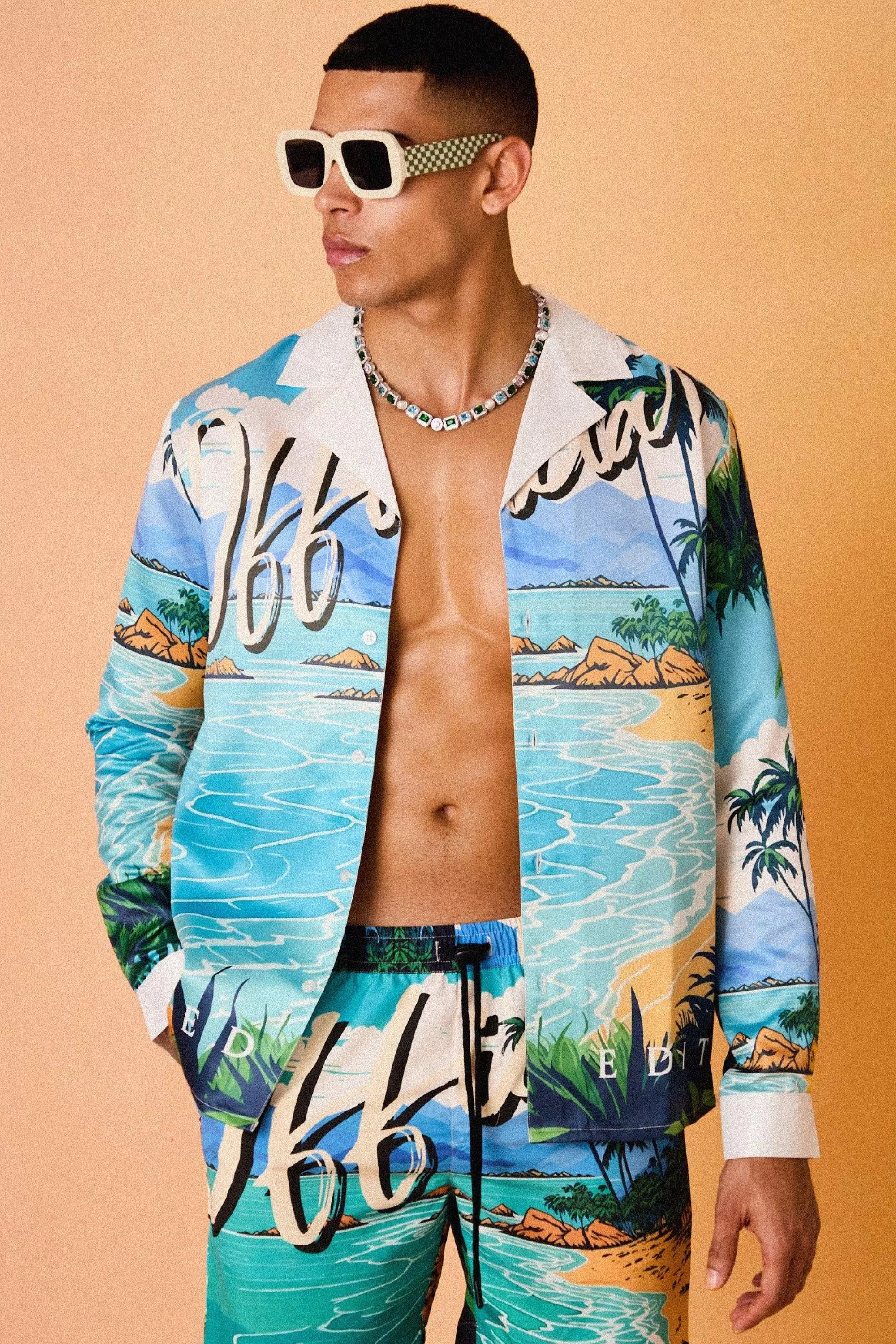boohooMAN Long Sleeve Satin Beach Shirt | UK