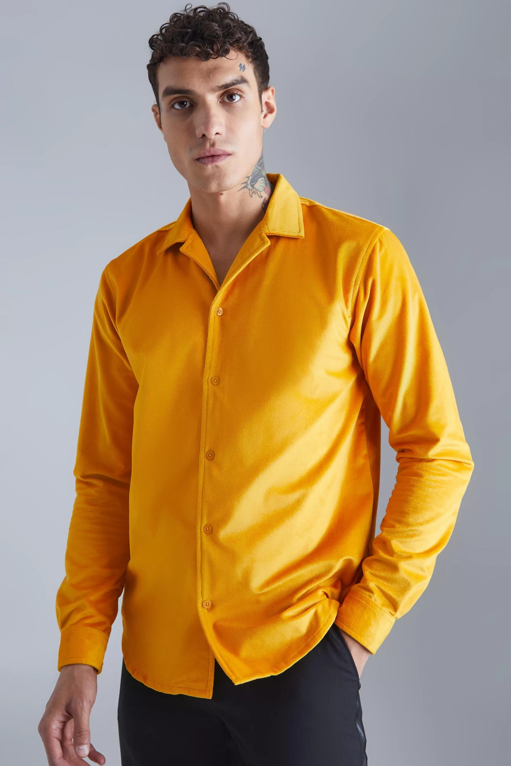 boohooMAN Long Sleeve Velour Revere Shirt | UK