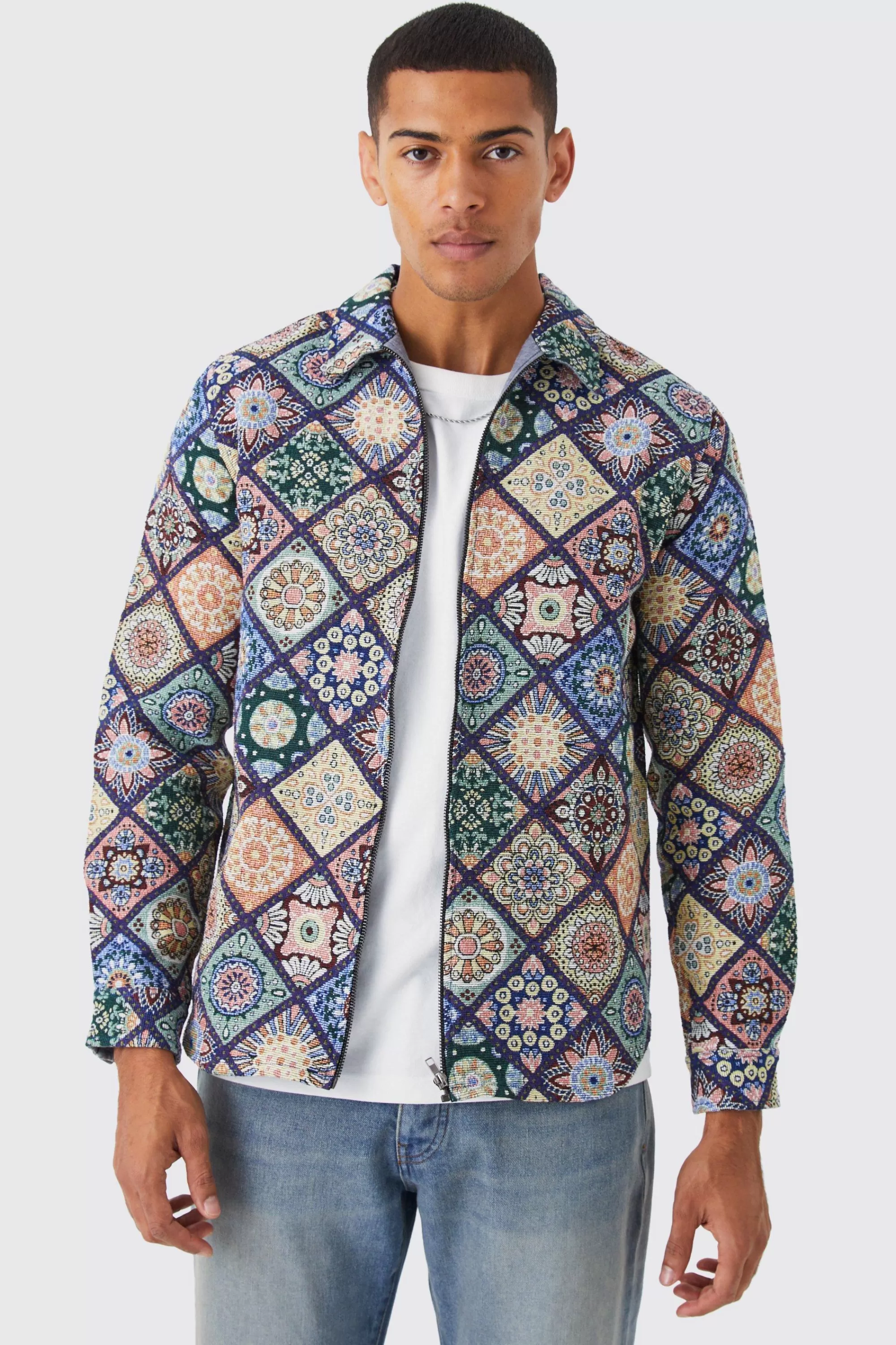 boohooMAN Long Sleeve Zip Through Diamond Tapestry Overshirt | UK