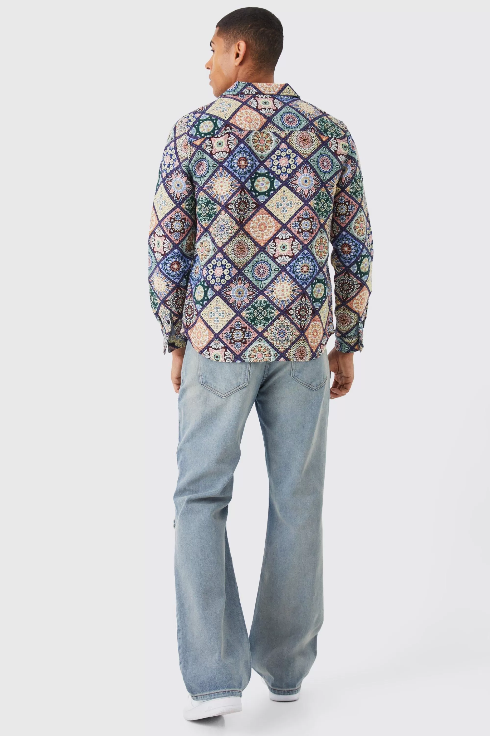 boohooMAN Long Sleeve Zip Through Diamond Tapestry Overshirt | UK