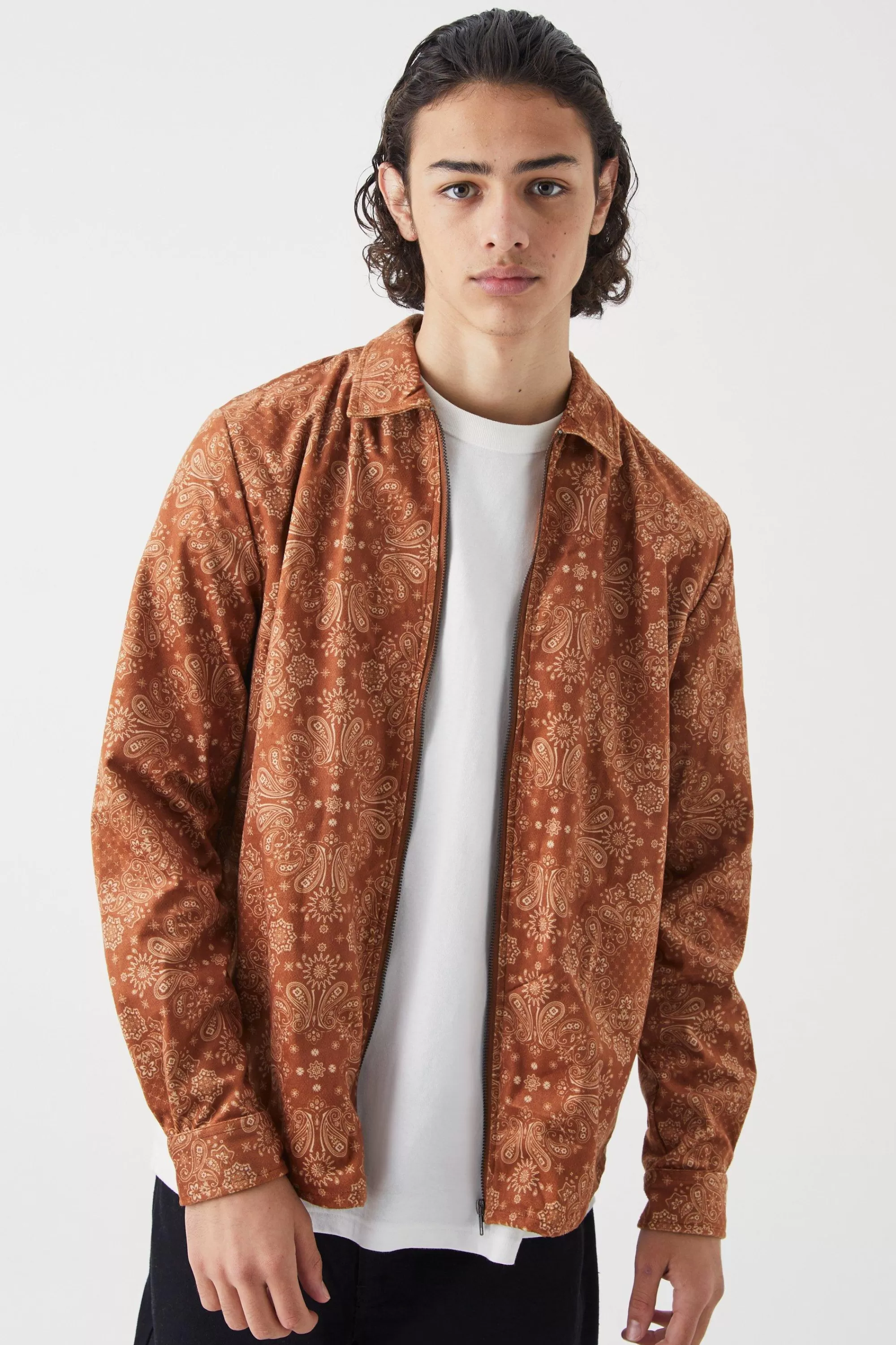 boohooMAN Long Sleeve Zip Through Woven Bandana Overshirt | UK