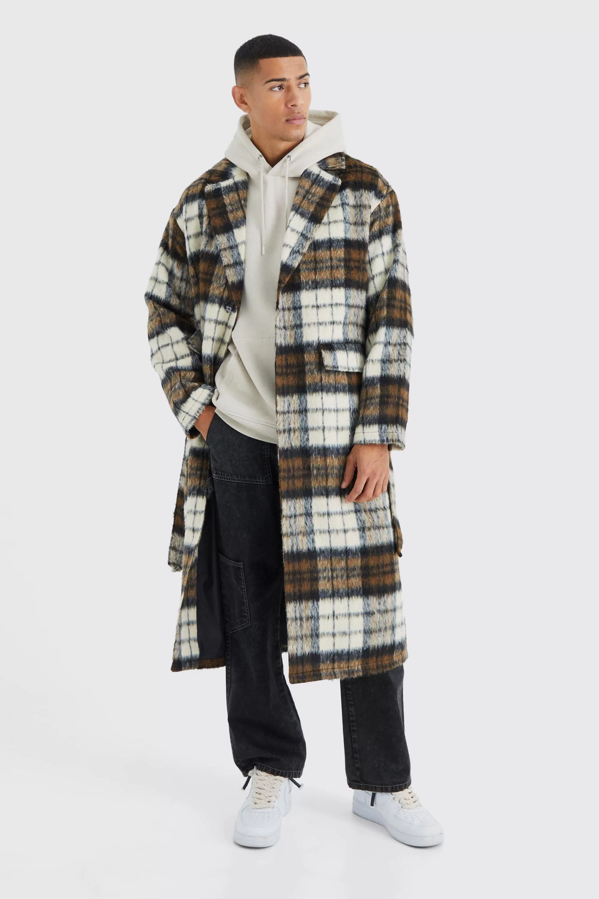 boohooMAN Longline Brushed Check Belted Overcoat | UK