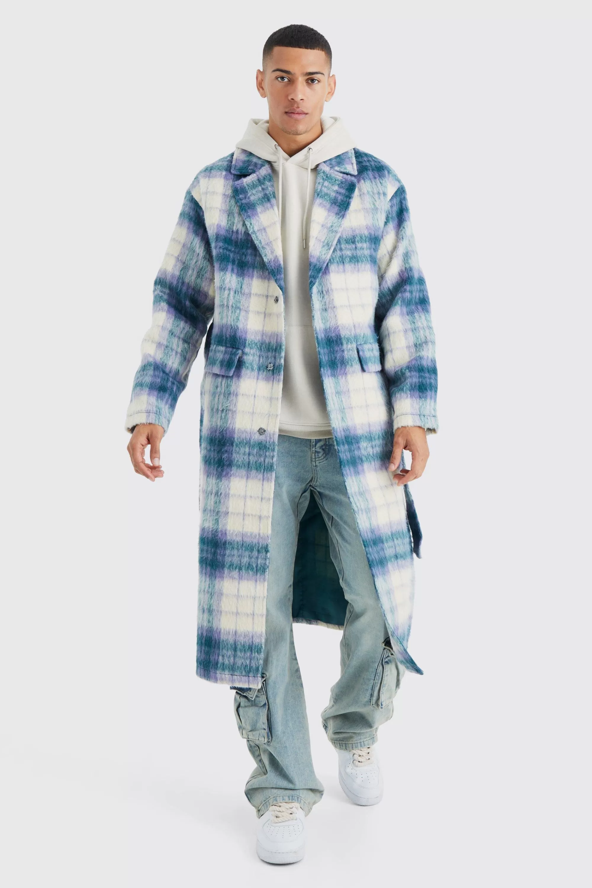 boohooMAN Longline Brushed Check Belted Overcoat | UK