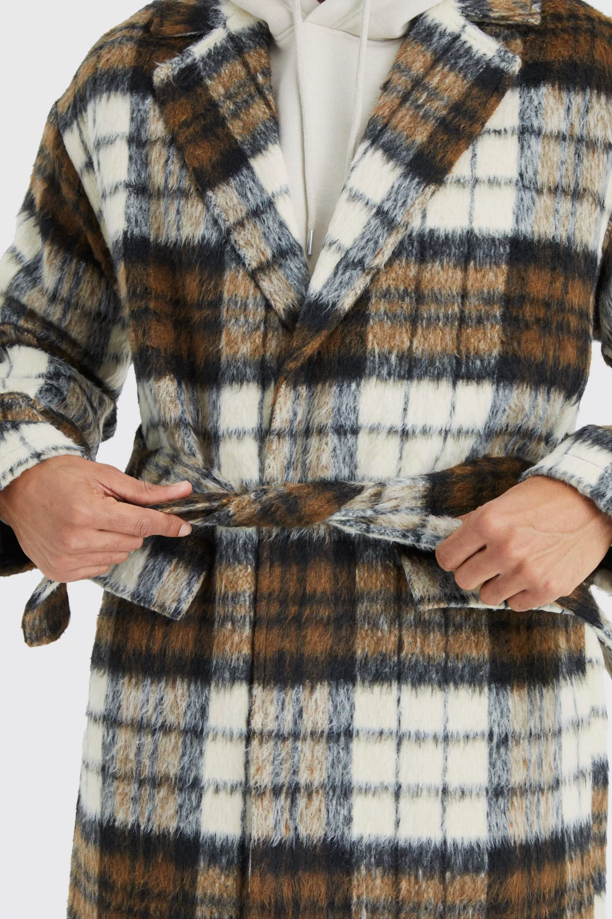 boohooMAN Longline Brushed Check Belted Overcoat | UK