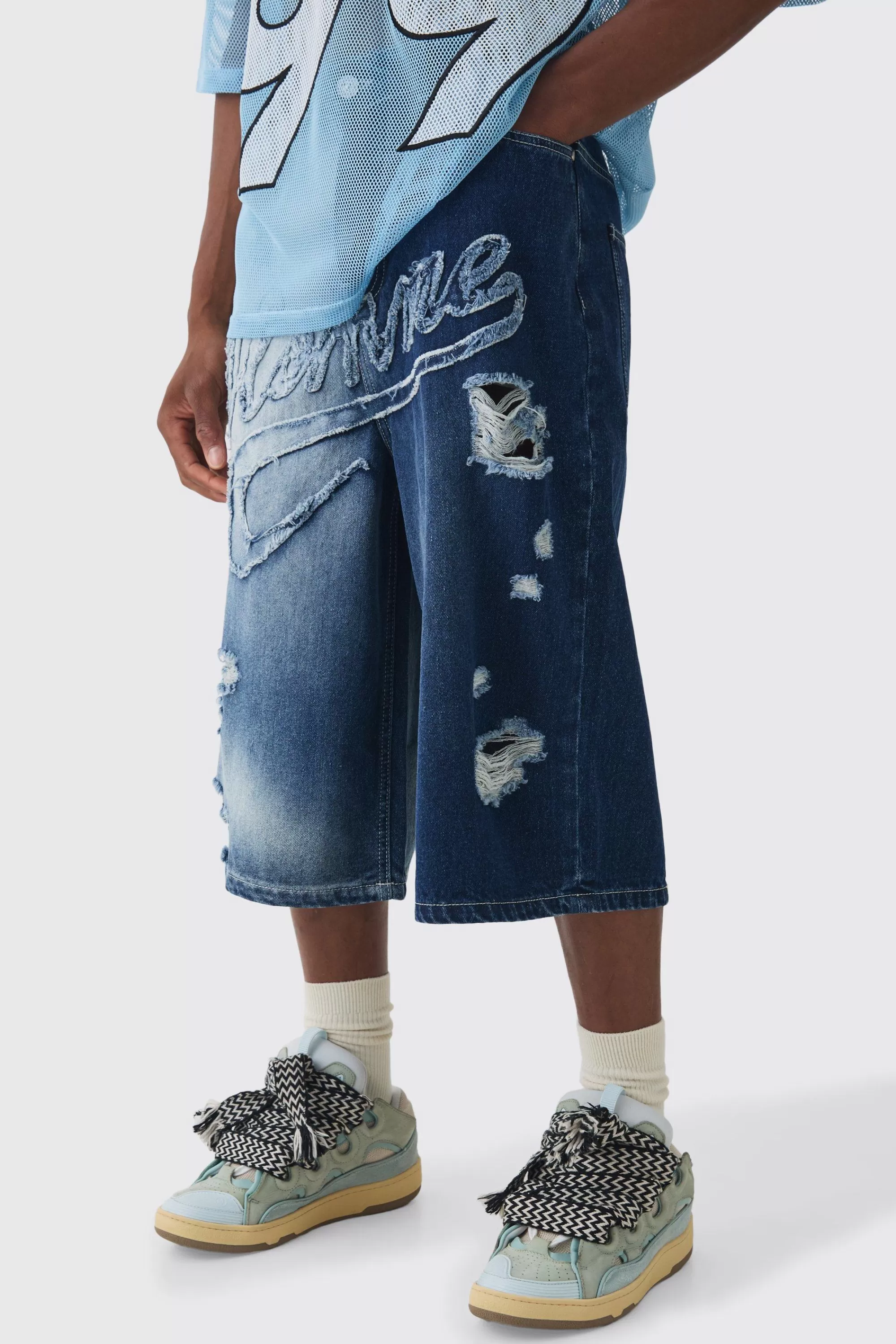 boohooMAN Longline Homme Spliced Ripped Applique Denim Jorts In | UK