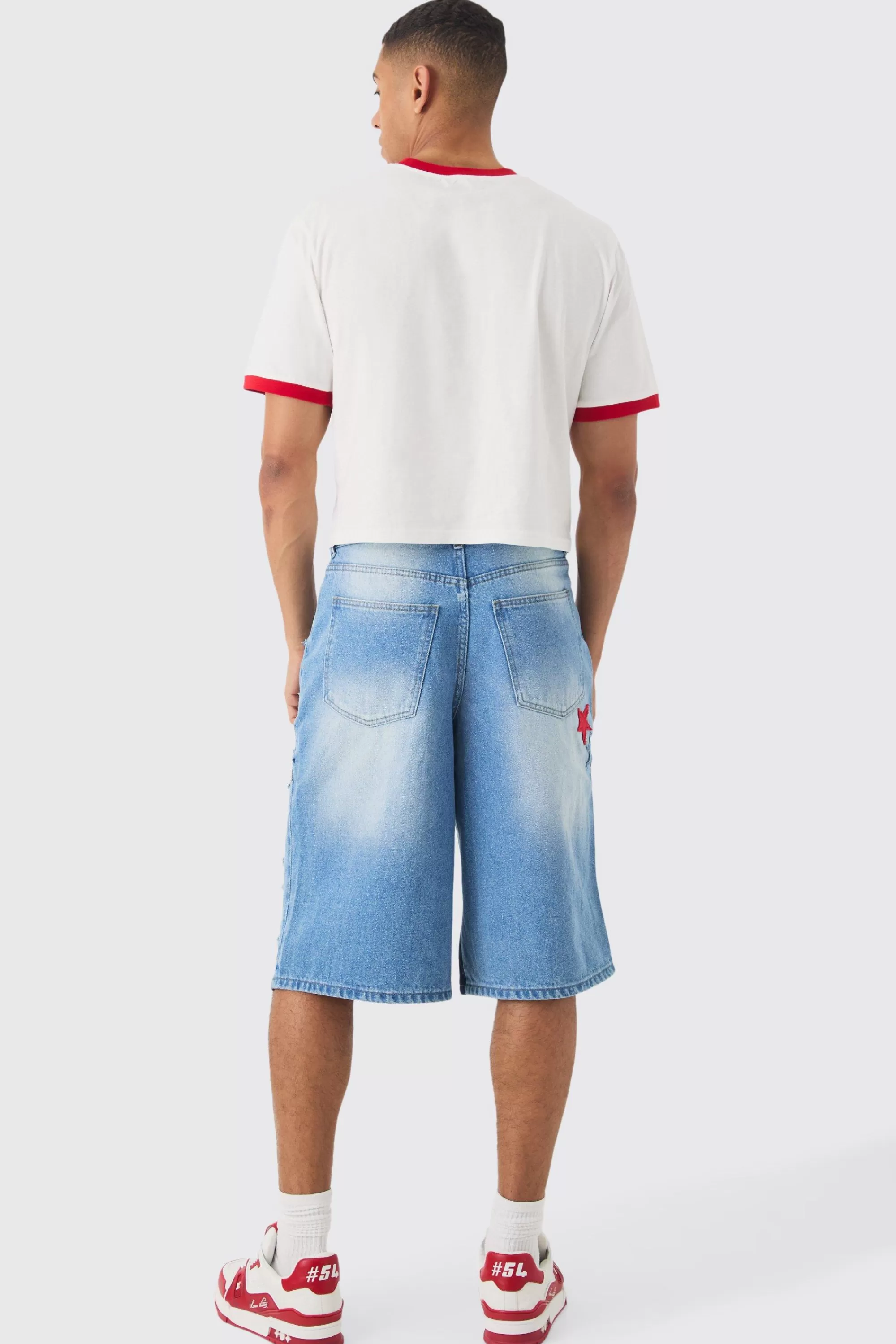 boohooMAN Longline Star Applique Gusset Denim Jorts In | UK
