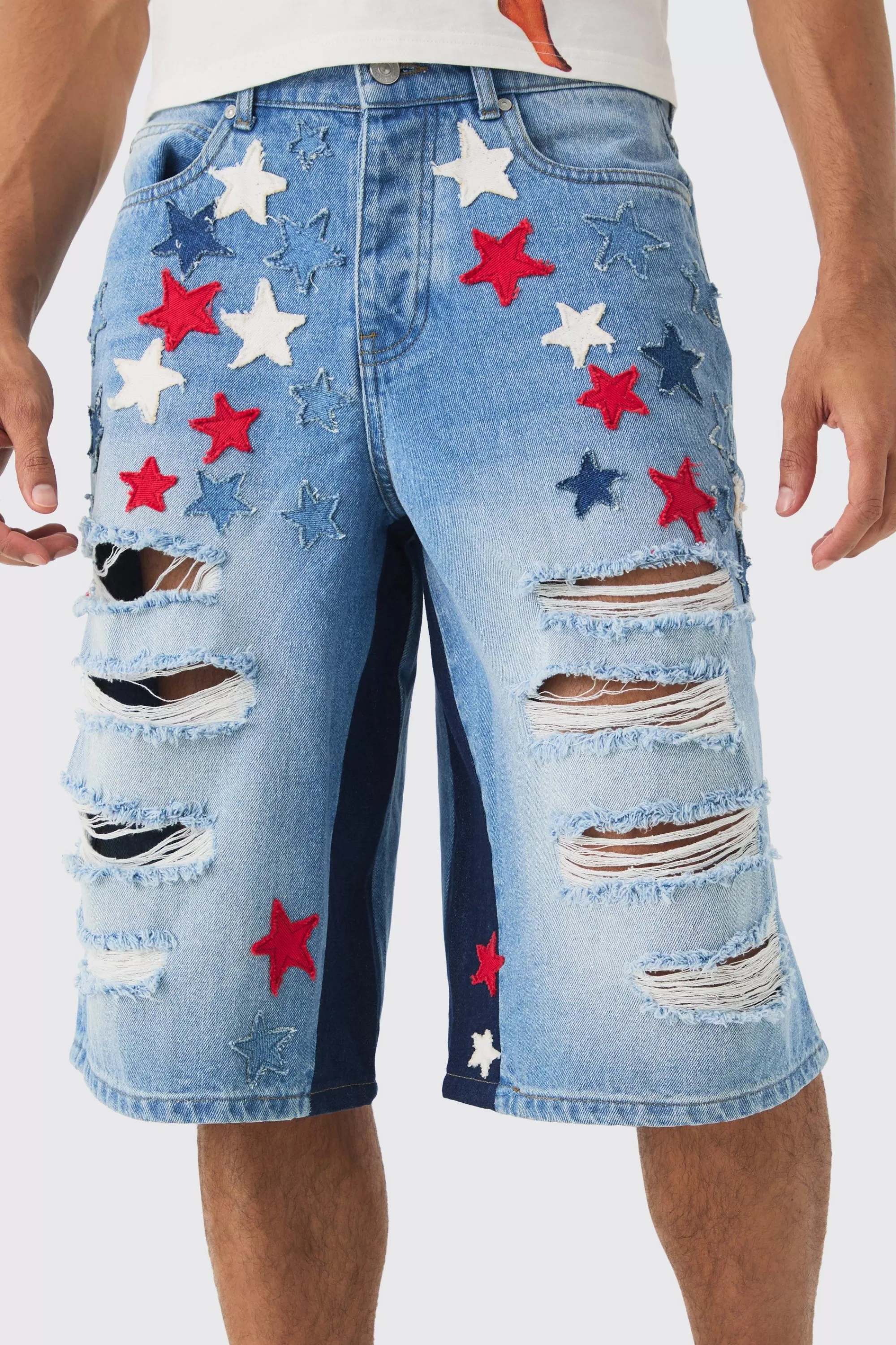 boohooMAN Longline Star Applique Gusset Denim Jorts In | UK