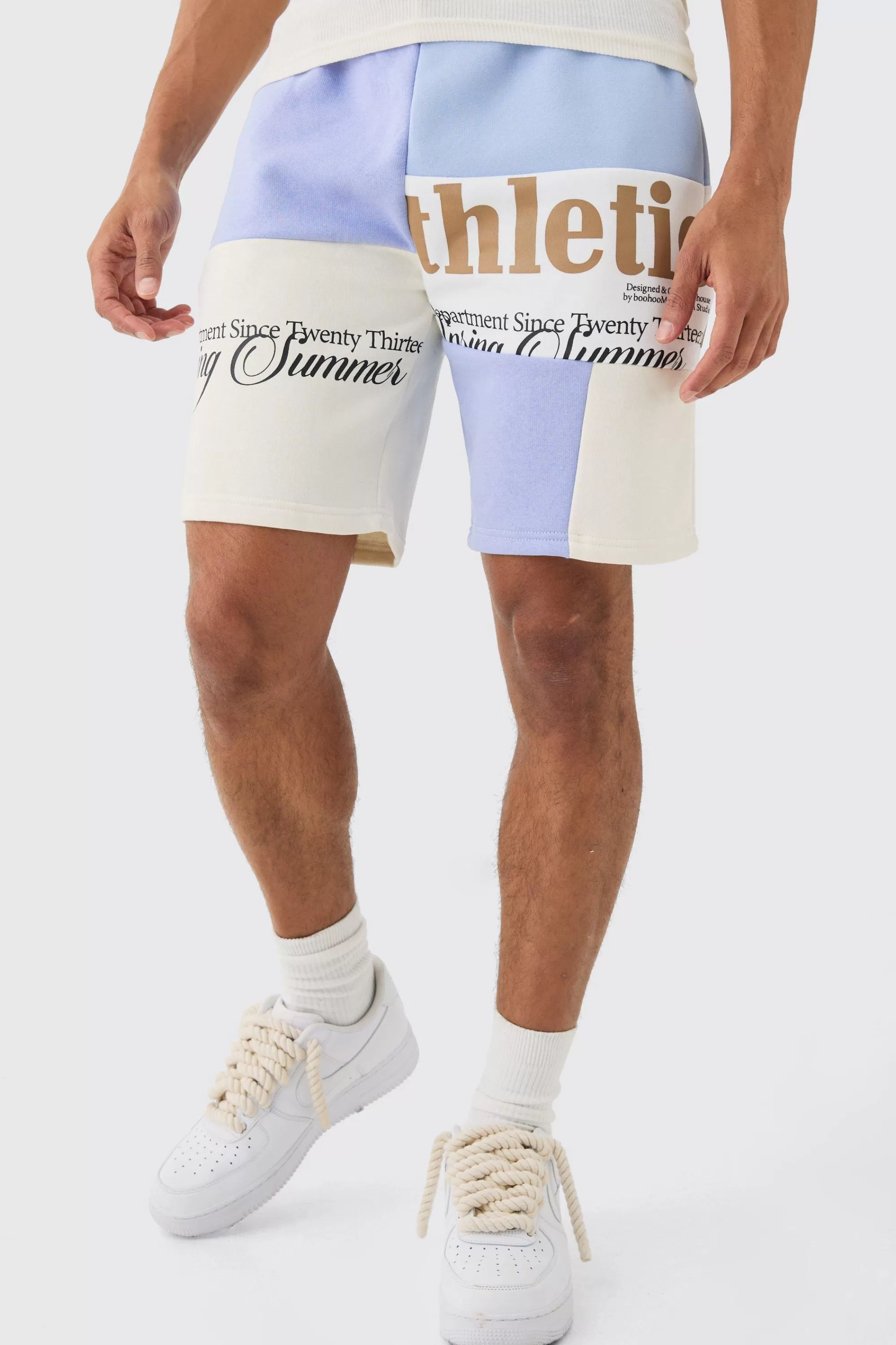 boohooMAN Loose Fit Graphic Patchwork Jersey Shorts | UK