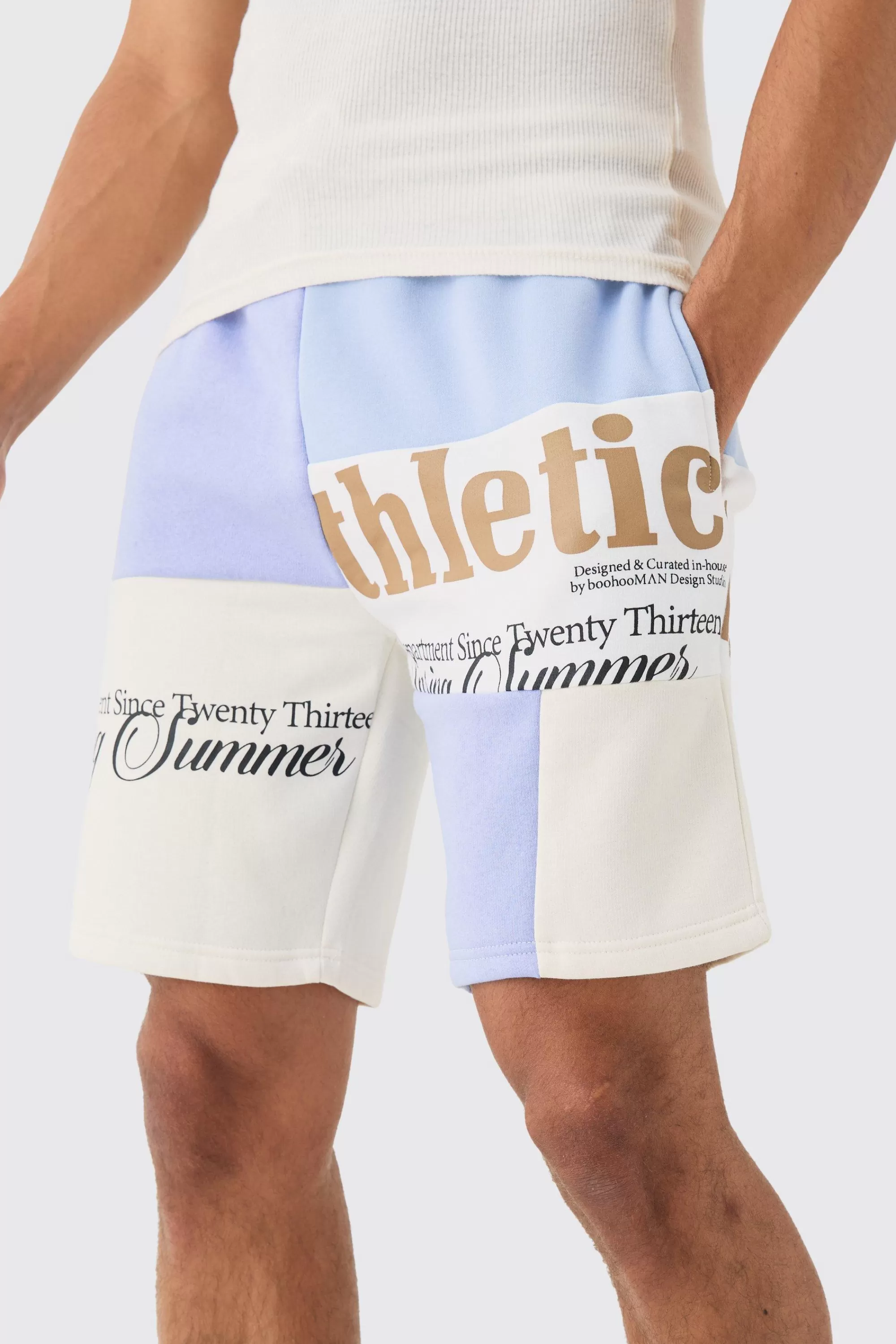 boohooMAN Loose Fit Graphic Patchwork Jersey Shorts | UK