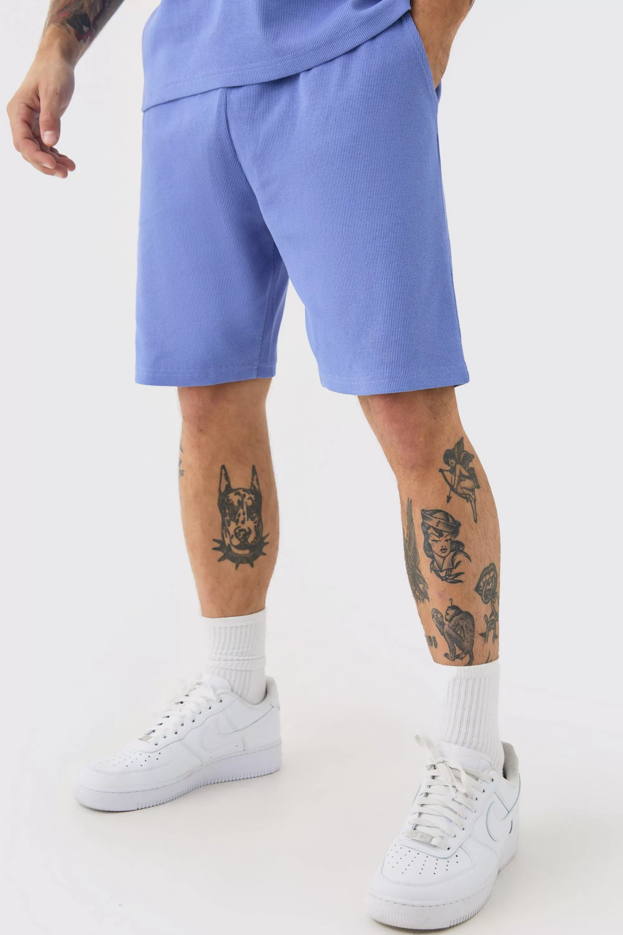 boohooMAN Loose Fit Mid Length Heavyweight Ribbed Shorts | UK