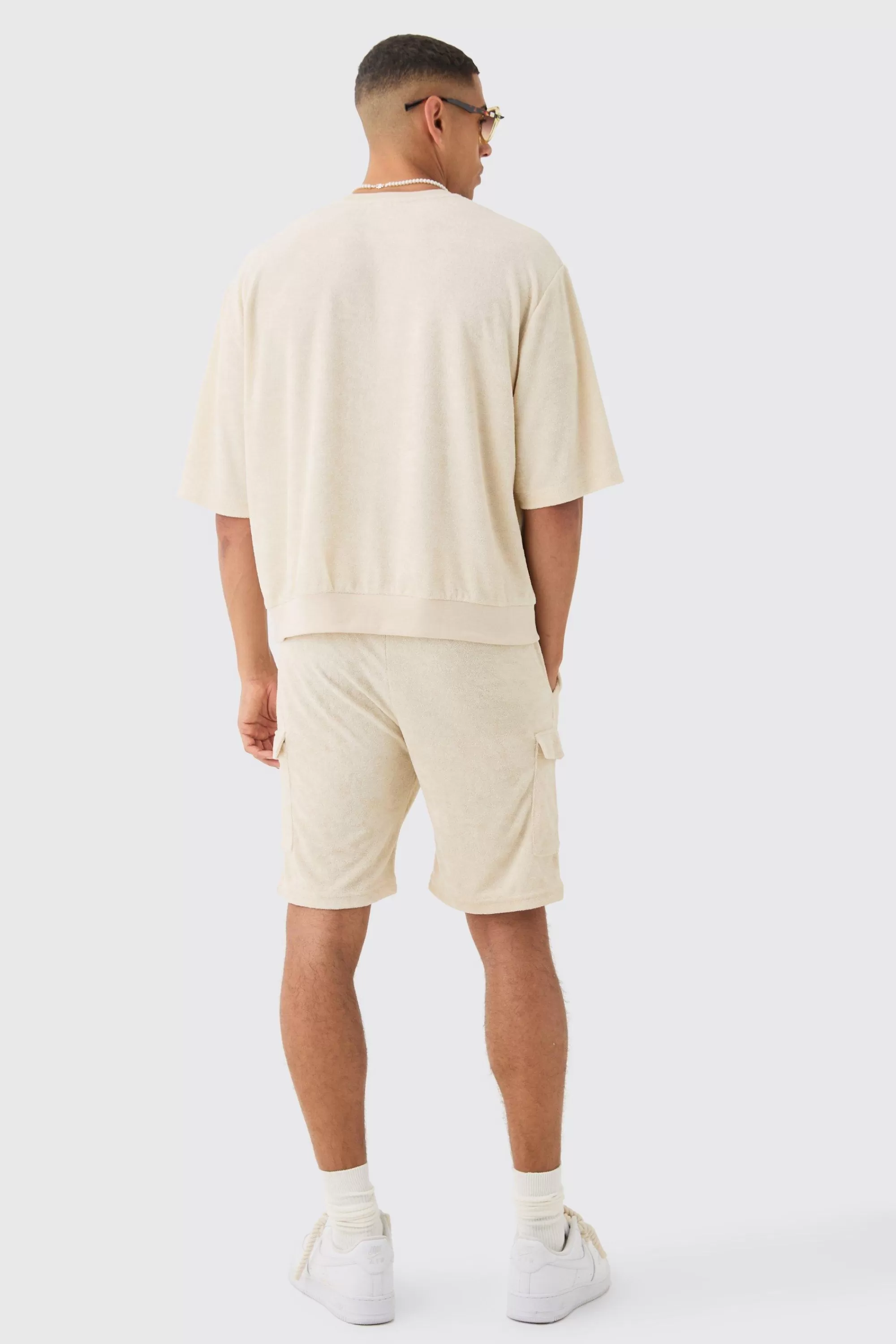 boohooMAN Loose Fit Mid Towelling Cargo Shorts | UK
