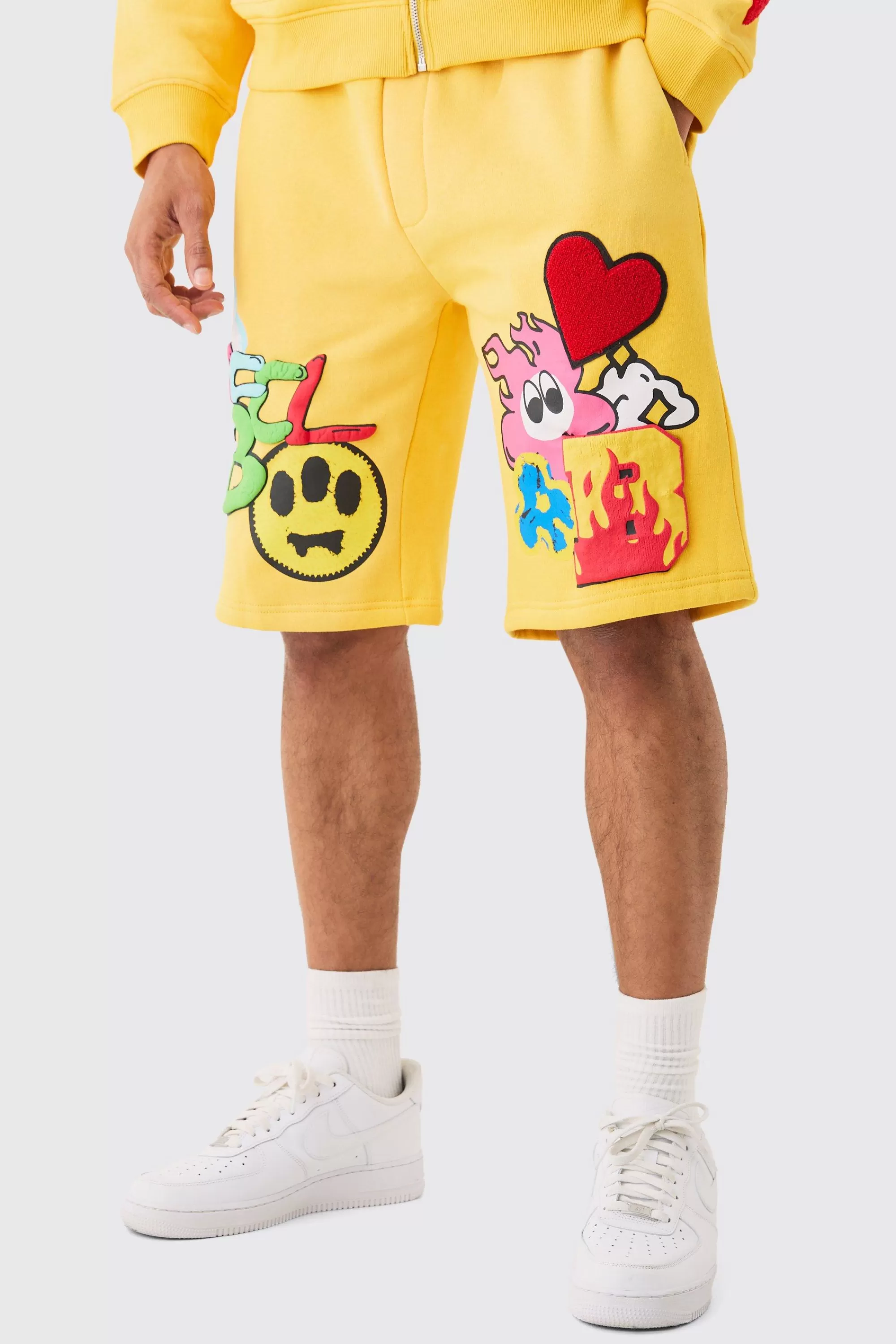 boohooMAN Loose Fit Ofcl Puff Print Shorts | UK