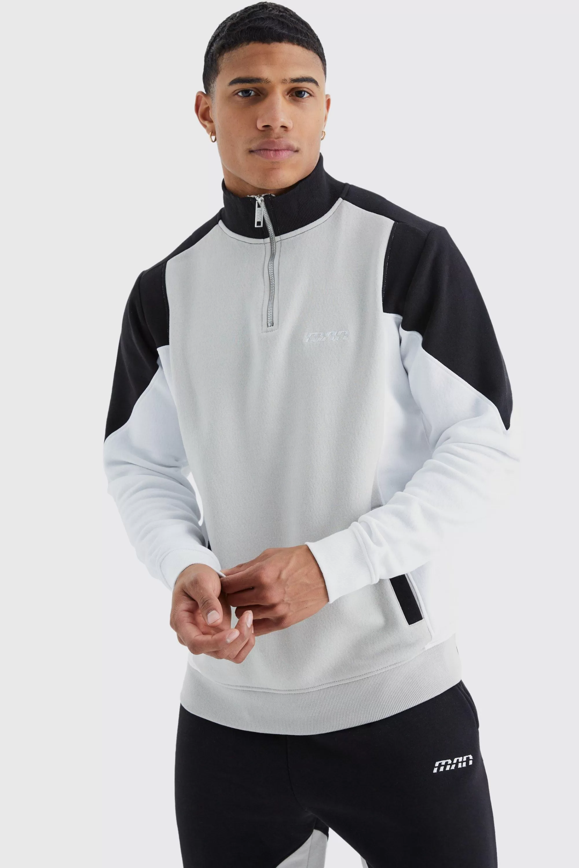 boohooMAN Man 1/4 Zip Funnel Neck Colour Block Sweatshirt | UK