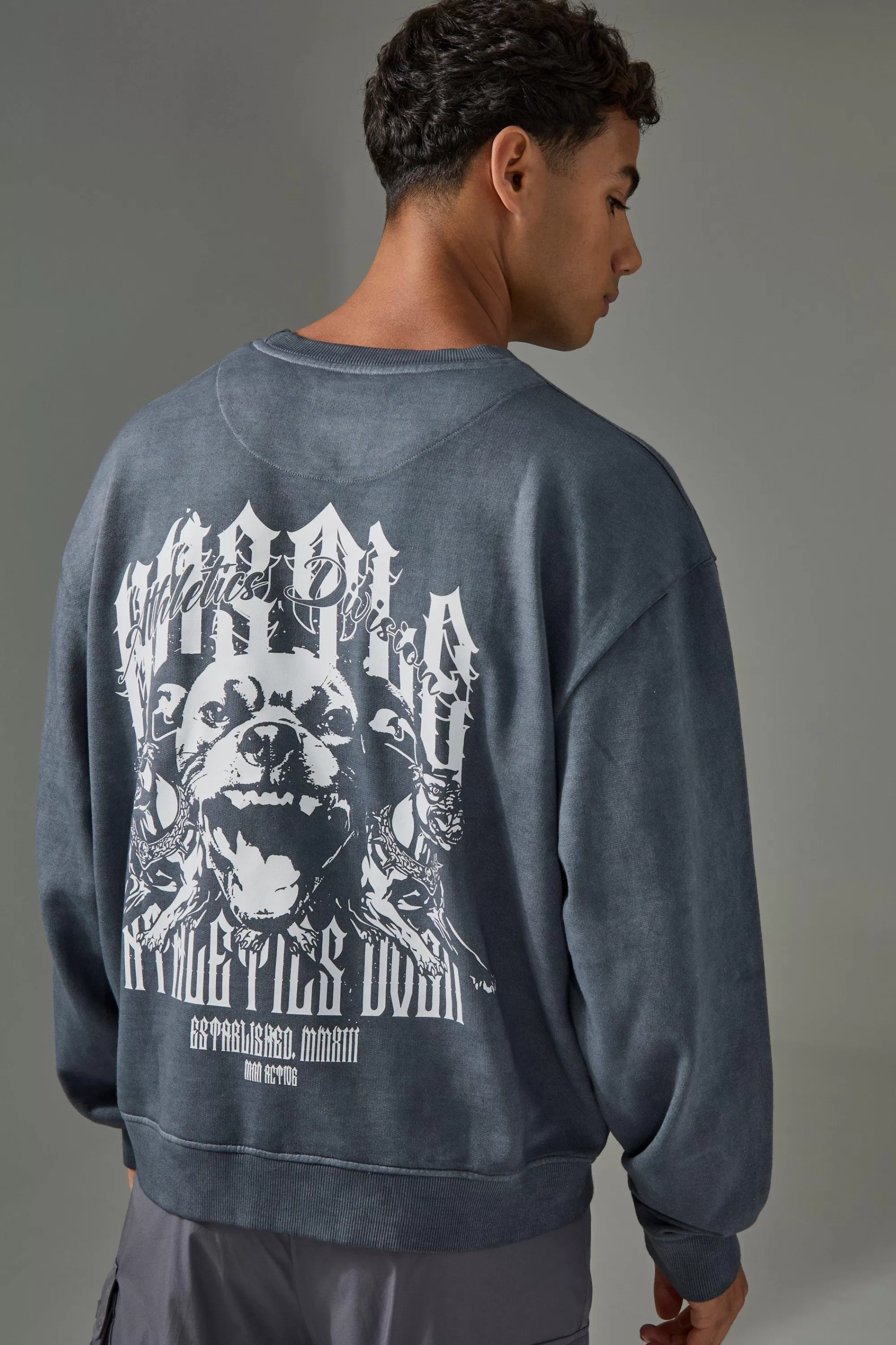 boohooMAN Man Active Washed Graphic Boxy Sweatshirt | UK