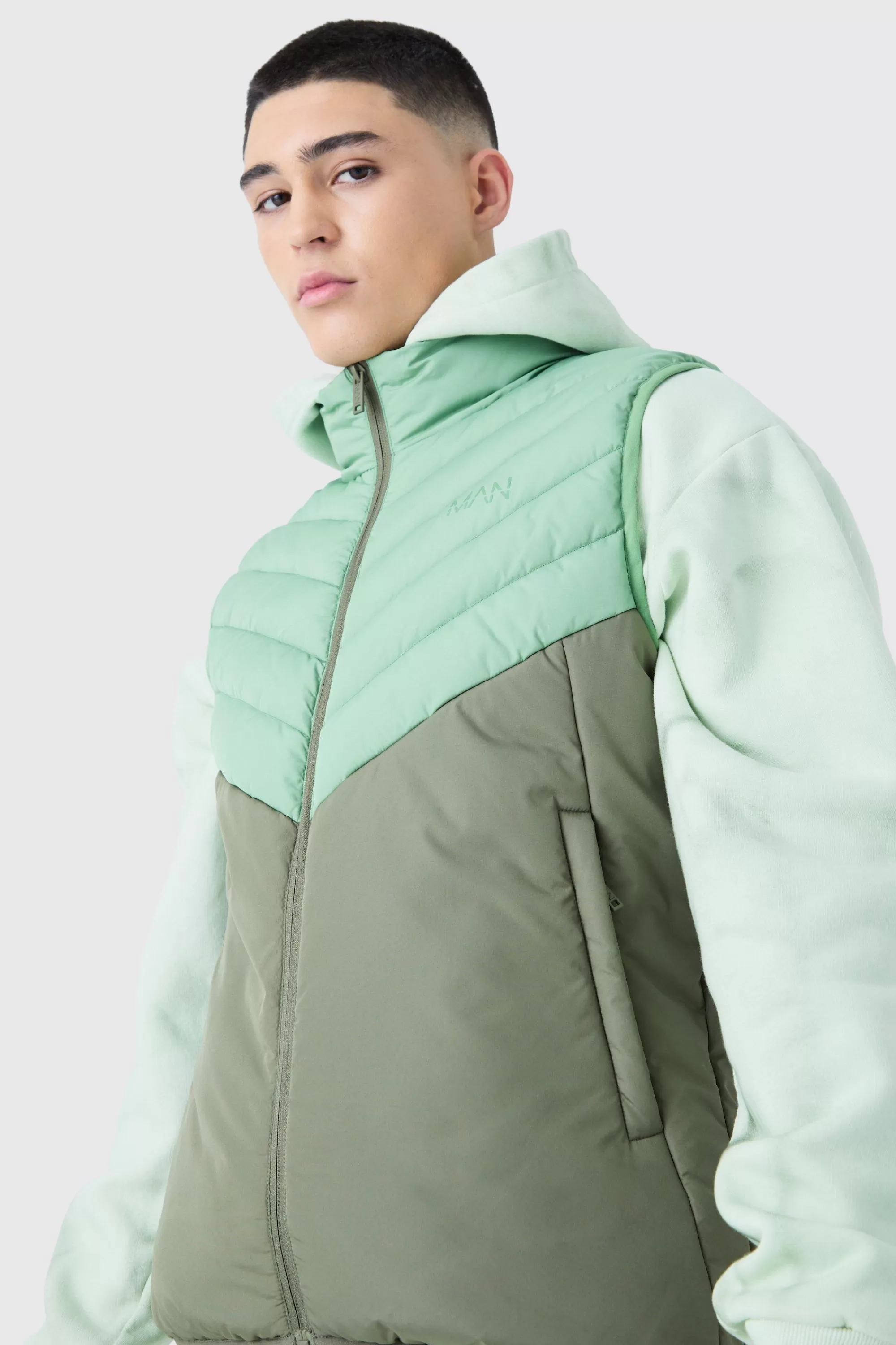 boohooMAN Man Colour Block Quilted Funnel Neck Gilet | UK