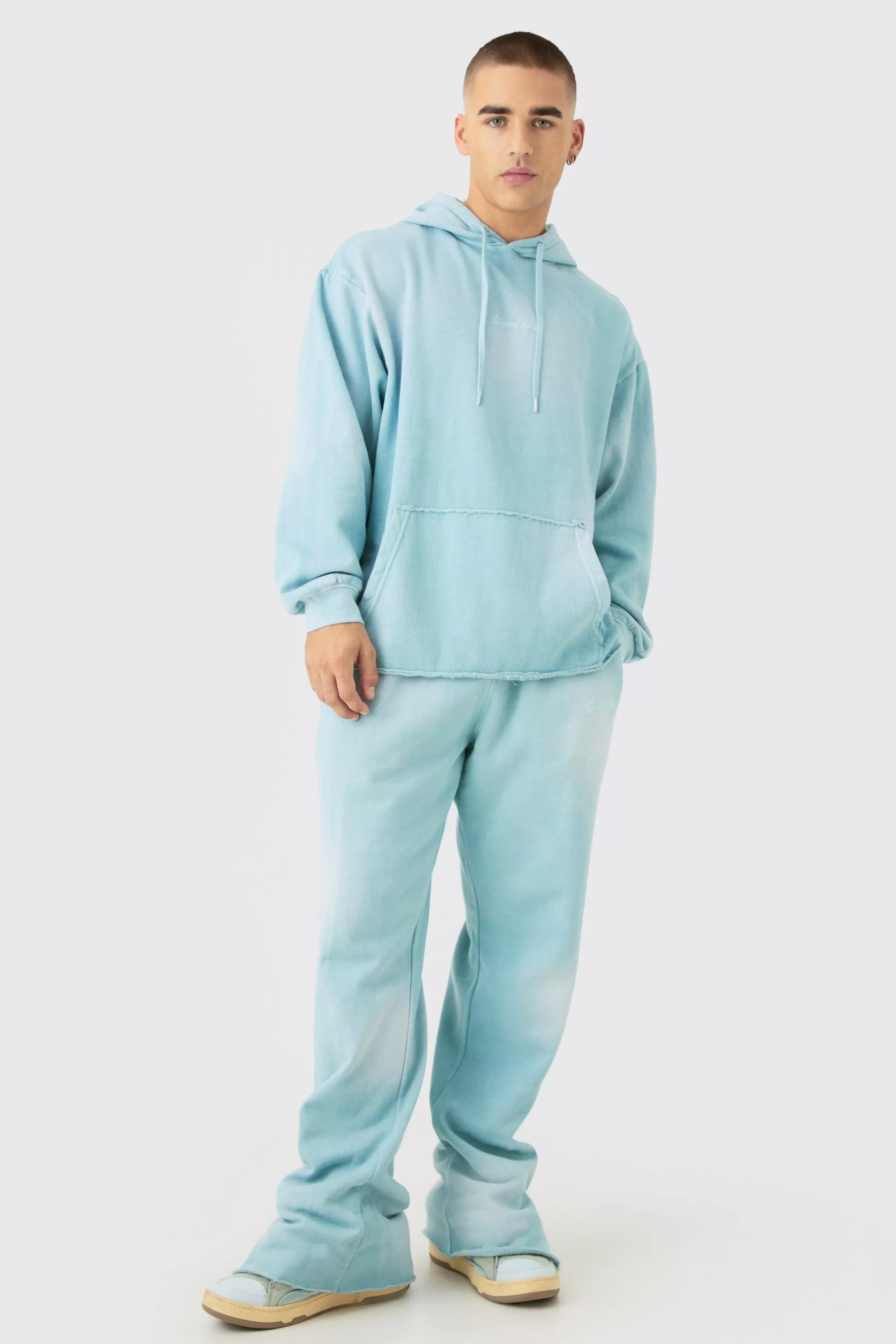 boohooMAN Man Embroidery Oversized Sun Bleached Wash Hooded Tracksuit | UK