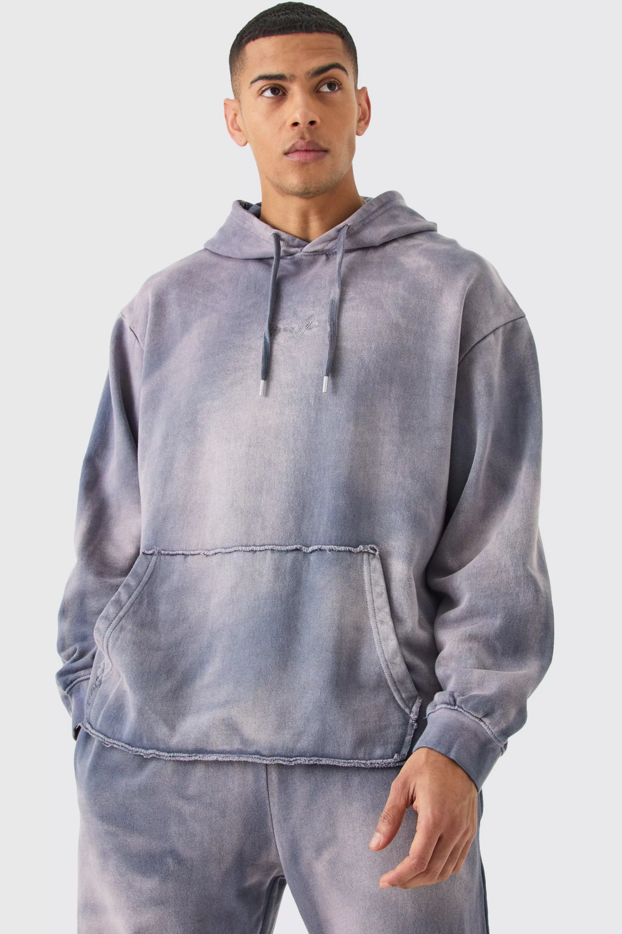 boohooMAN Man Embroidery Oversized Sun Bleached Wash Hooded Tracksuit | UK