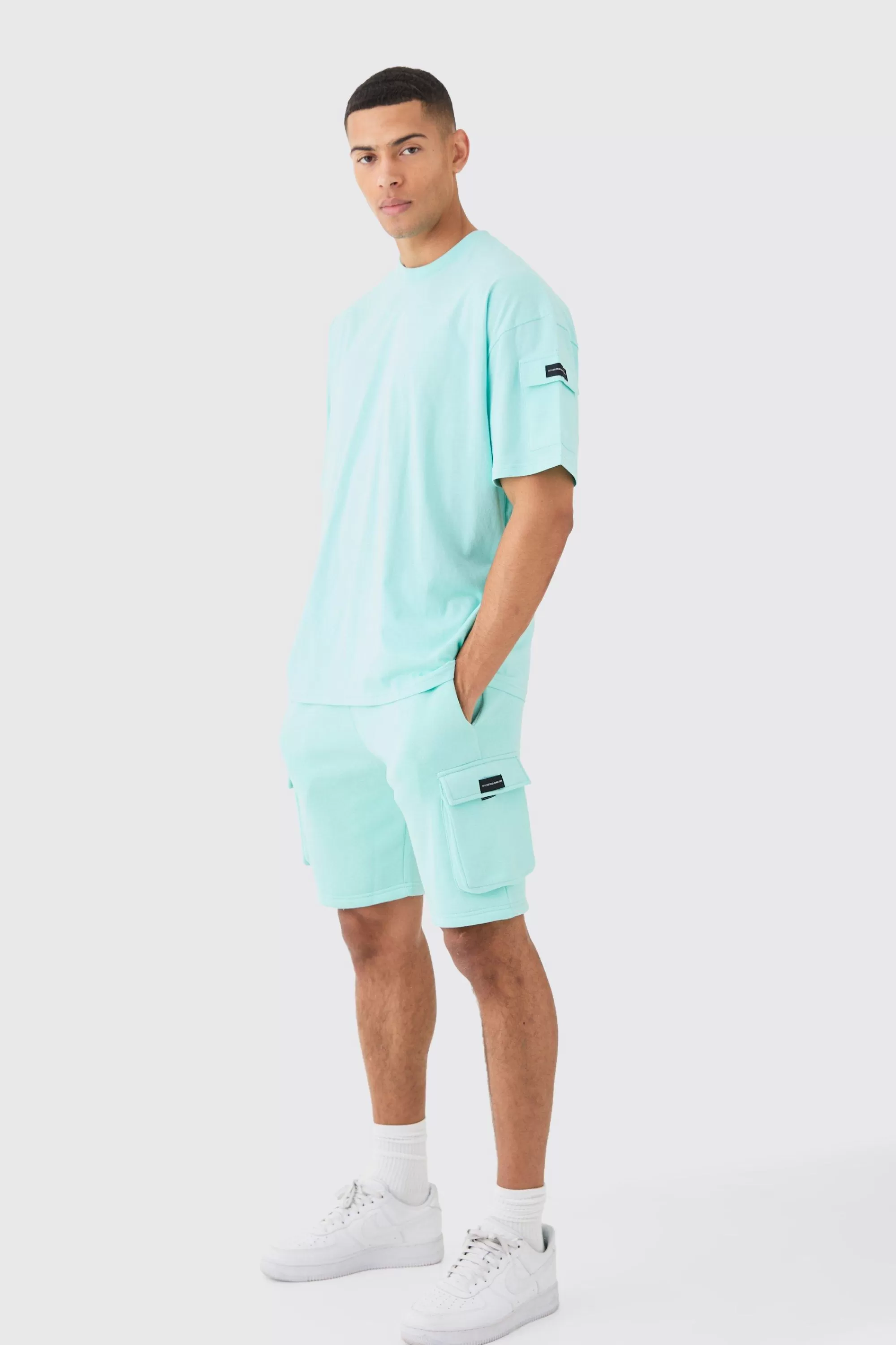 boohooMAN Man Oversized Cargo T-shirt And Slim Short Set | UK