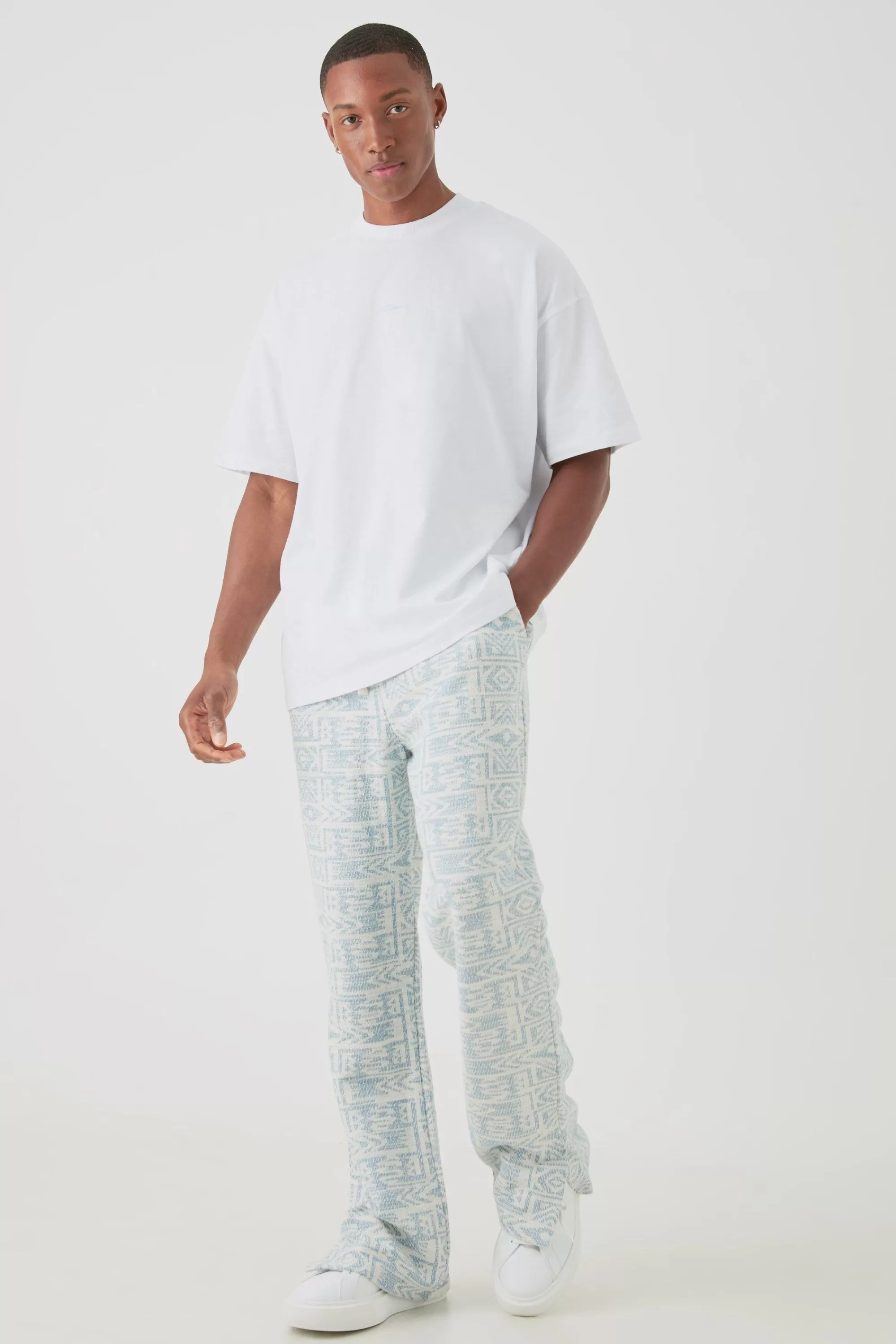 boohooMAN Man Oversized Extended Neck T-shirt & Jacquard Jogger Set | UK