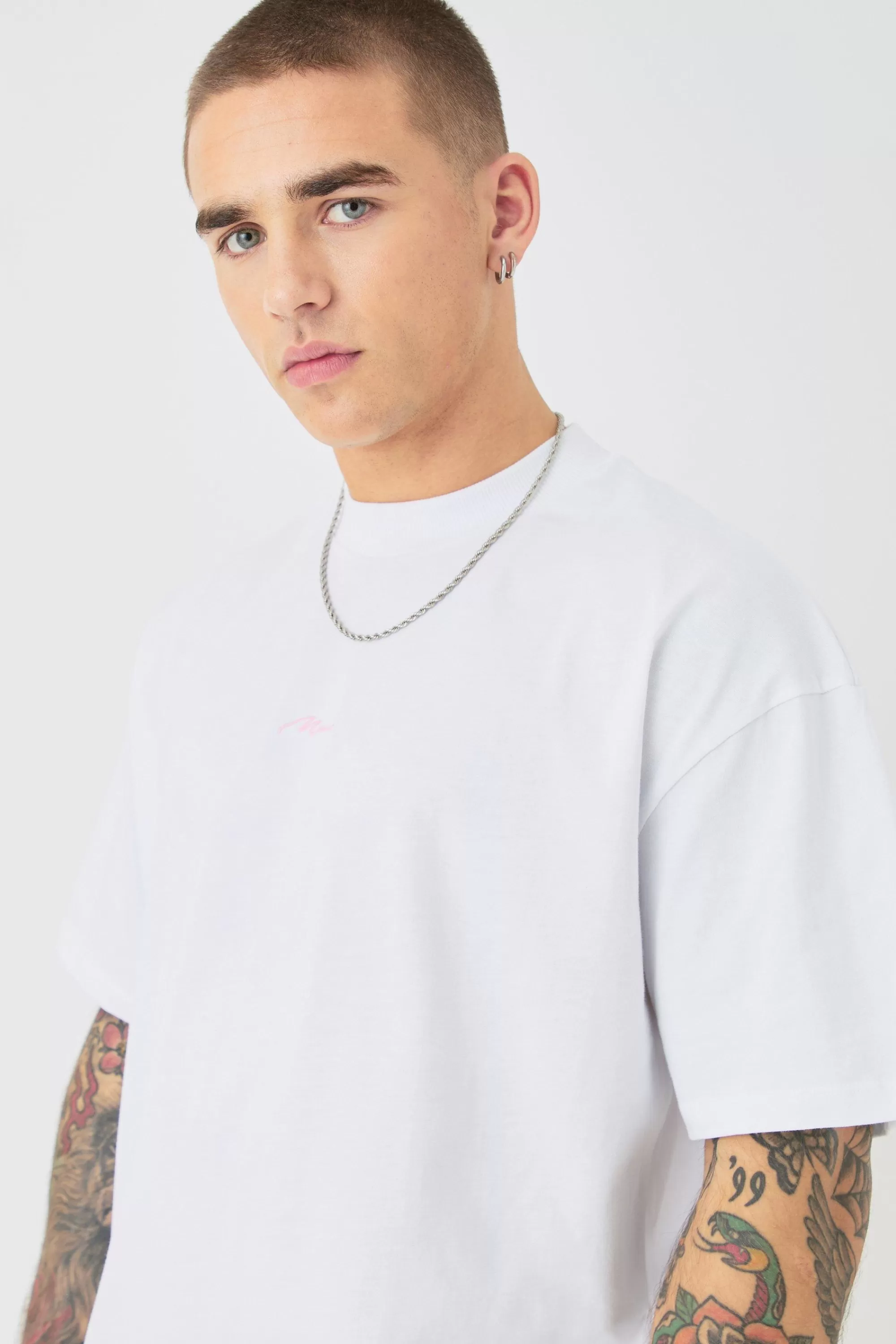boohooMAN Man Oversized Extended Neck T-shirt & Jacquard Jogger Set | UK