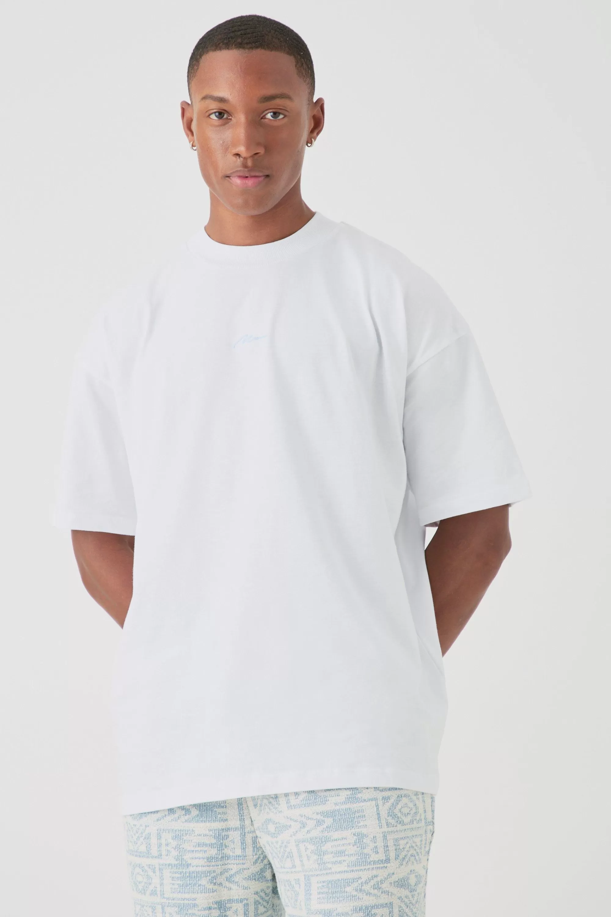 boohooMAN Man Oversized Extended Neck T-shirt & Jacquard Jogger Set | UK