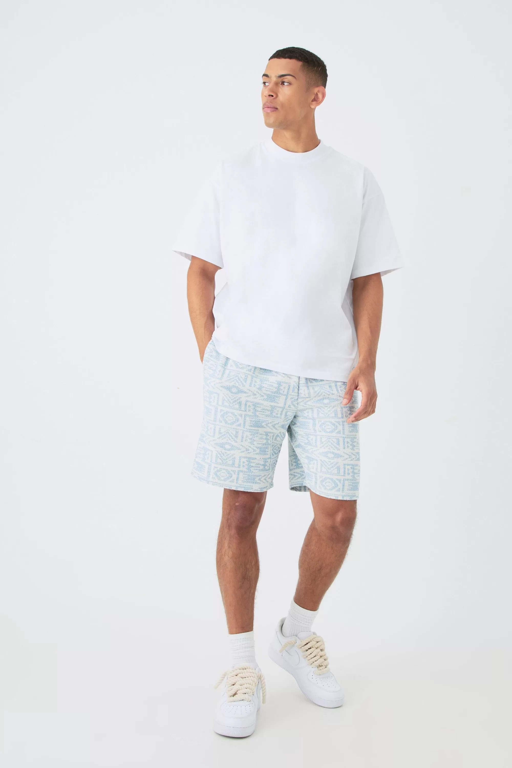 boohooMAN Man Oversized Extended Neck T-shirt And Jacquard Shorts Set | UK