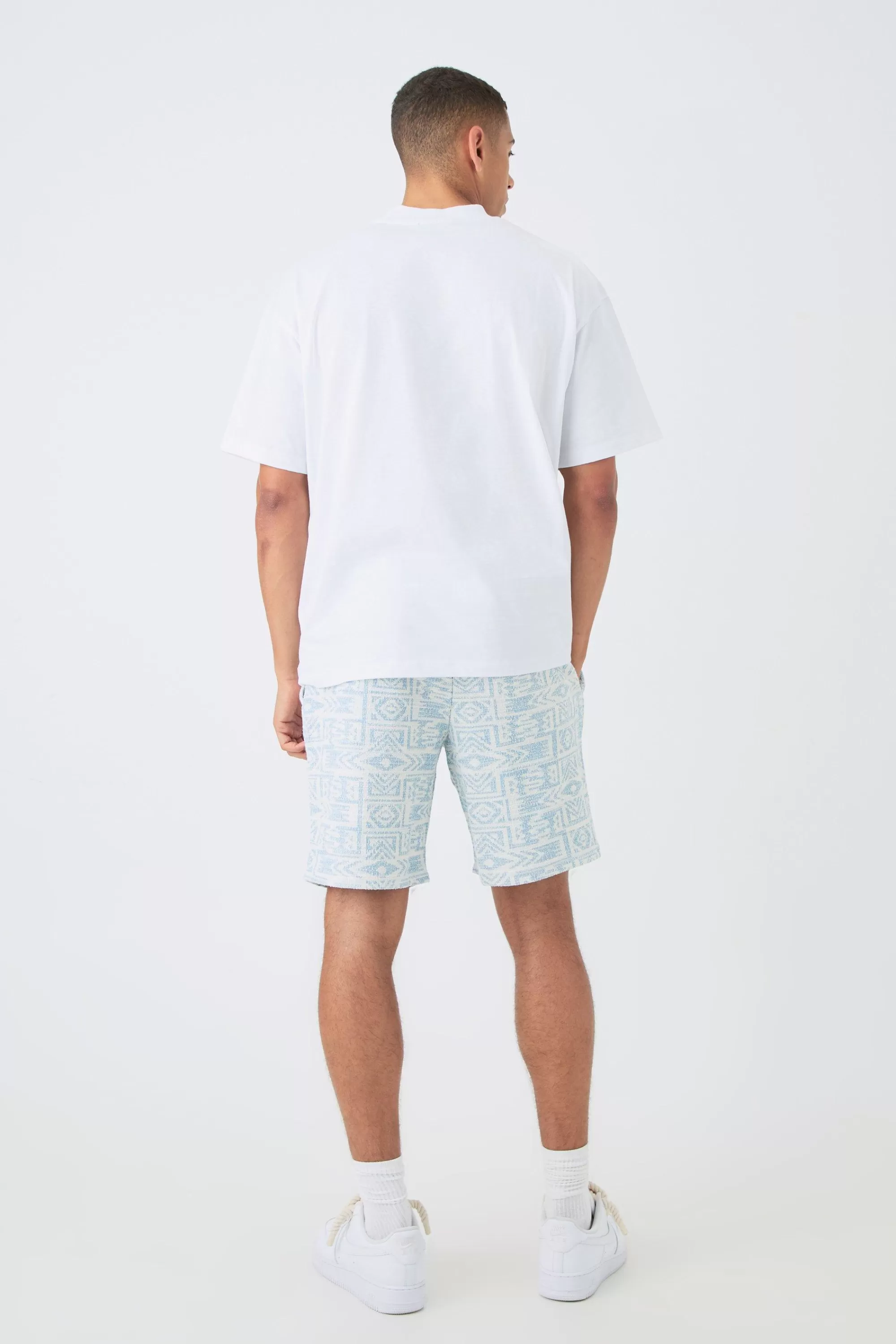 boohooMAN Man Oversized Extended Neck T-shirt And Jacquard Shorts Set | UK