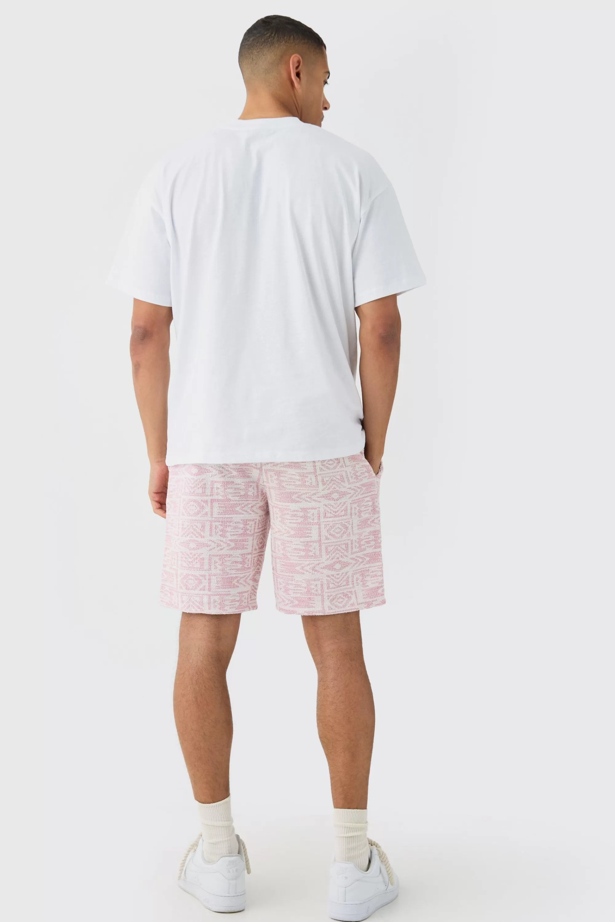 boohooMAN Man Oversized Extended Neck T-shirt And Jacquard Shorts Set | UK