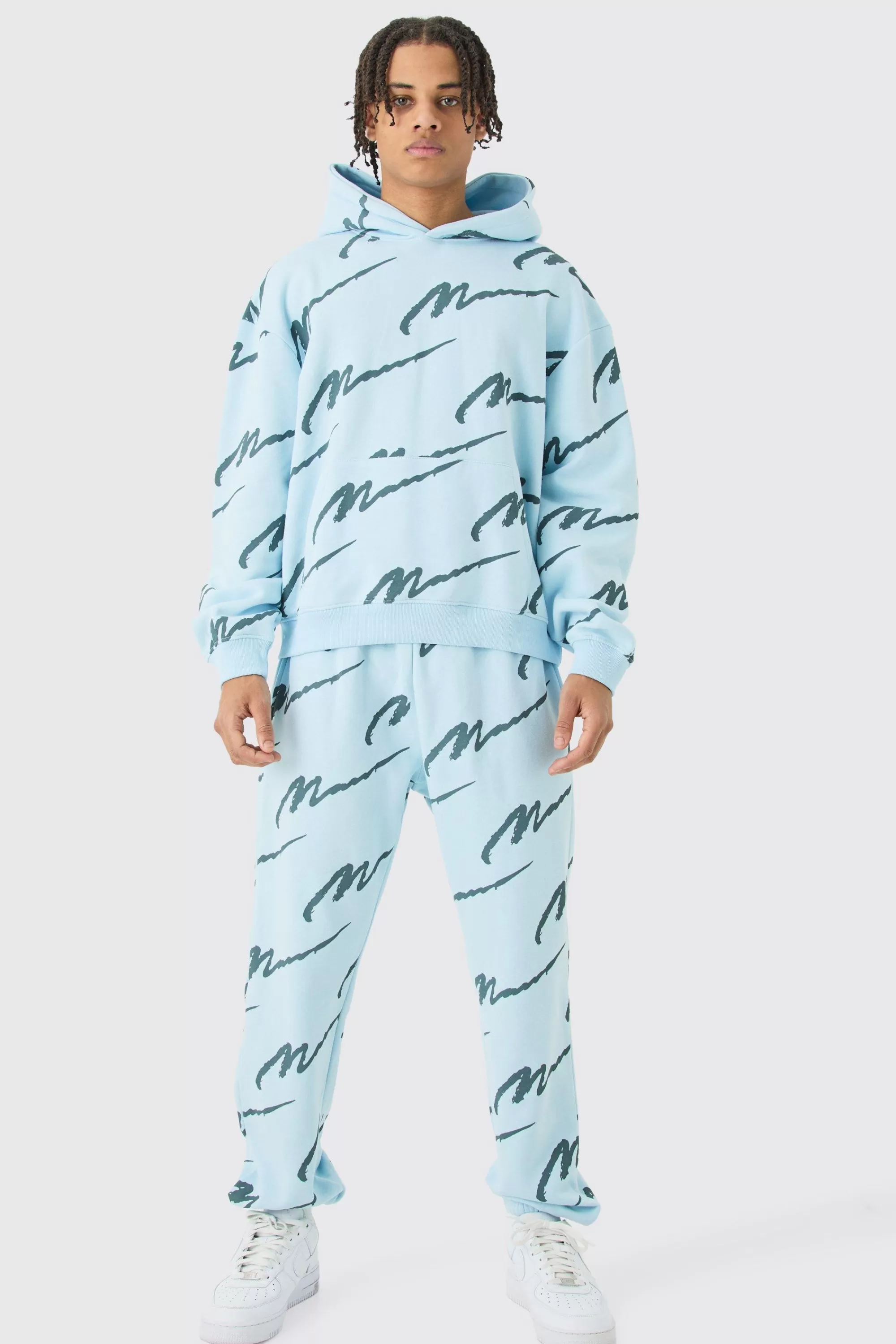 boohooMAN Man Signature All Over Print Boxy Hooded Tracksuit | UK