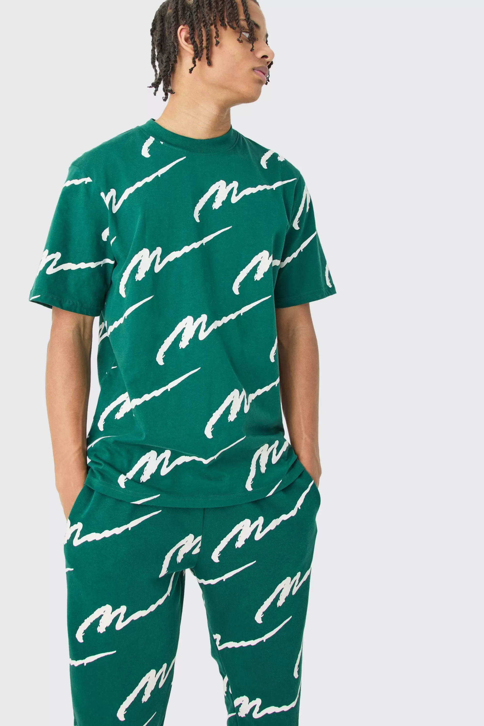 boohooMAN Man Signature All Over Print Tshirt & Jogger Set | UK