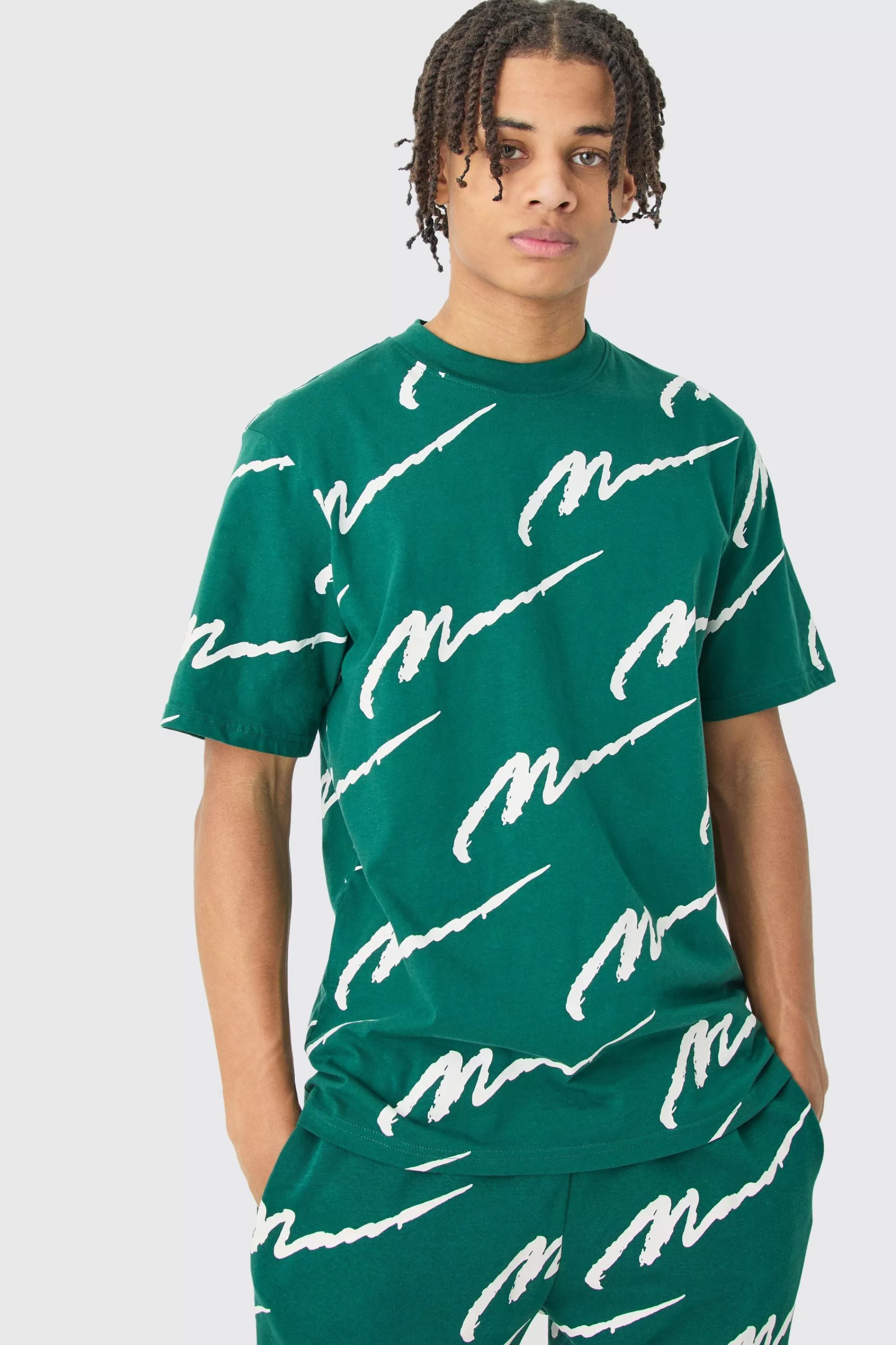 boohooMAN Man Signature All Over Print Tshirt & Jogger Set | UK