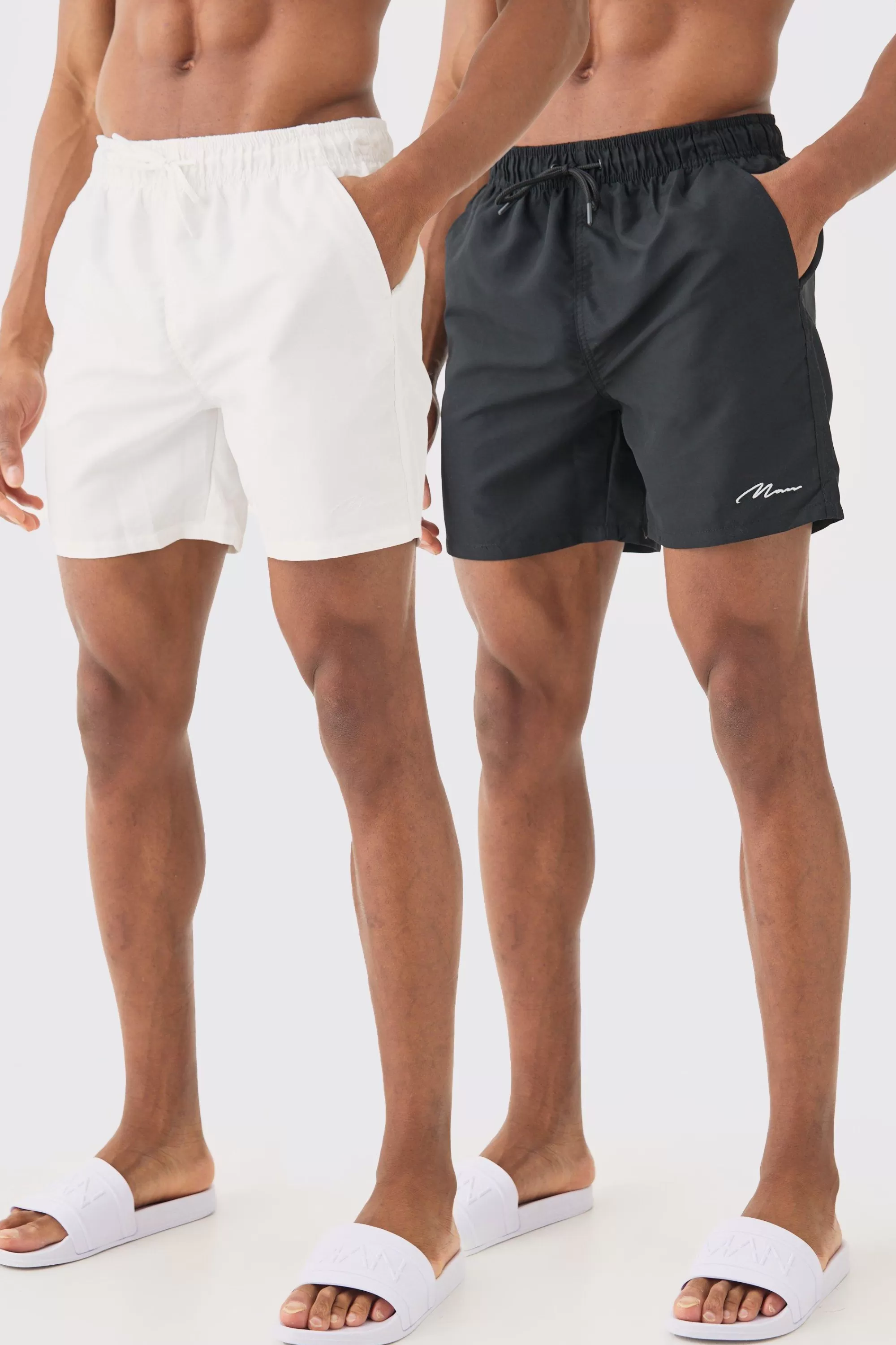 boohooMAN Man Signature Mid Length 2 Pack Swim Short | UK